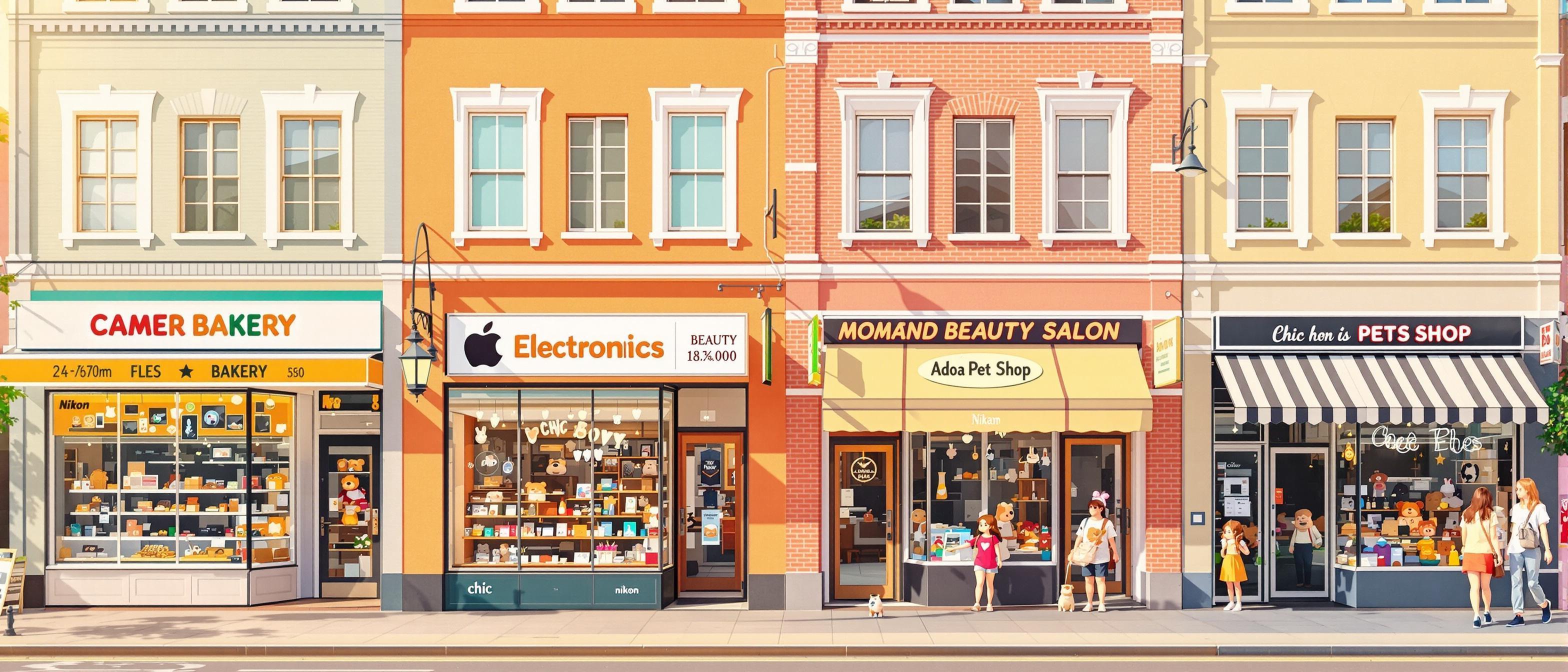 A diverse collection of storefronts representing various businesses such as a bakery, electronics store, salon, and pet shop, each uniquely styled.