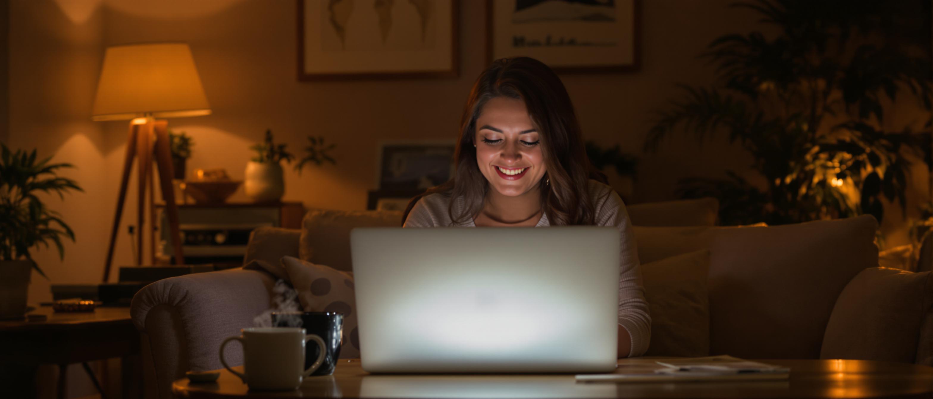 A person smiles while working on a laptop surrounded by cozy, warmly lit living room elements.
