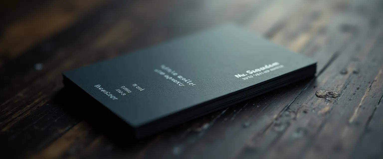 A business card with a modern design resting on a wooden surface with a blurred background.