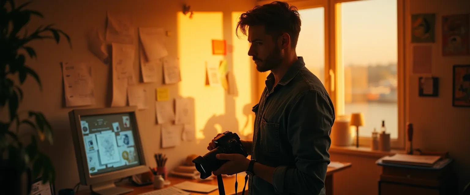 A photographer stands amidst a flurry of scattered notes, a camera held in their hands, bathed in warm light, capturing a moment of creative inspiration.
