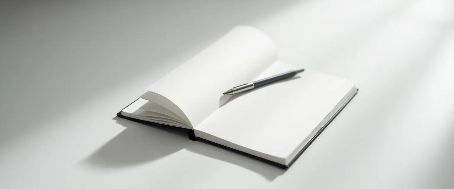 A notebook open to a page with a softly focused background, pen resting on the page, minimalist white setting.