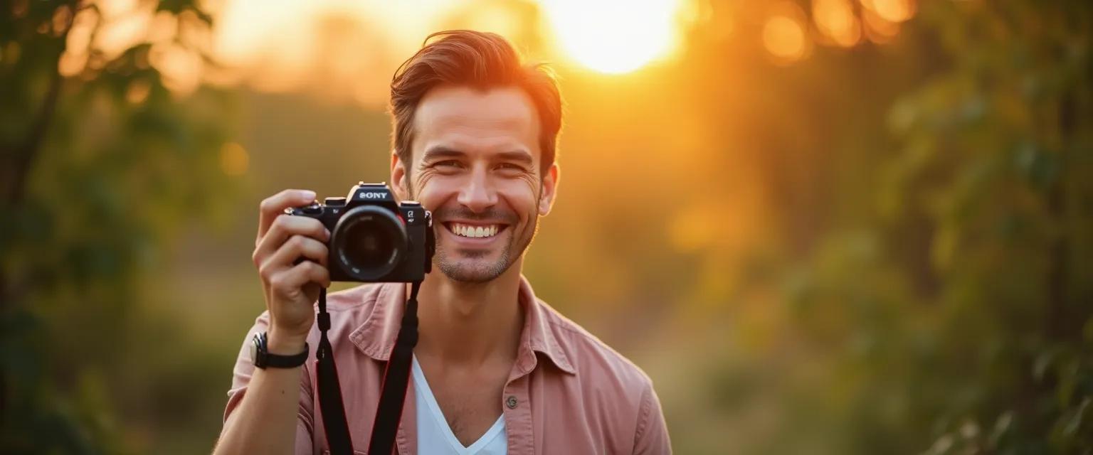 A friendly photographer is captured in a portrait with soft lighting and a blurred natural background.