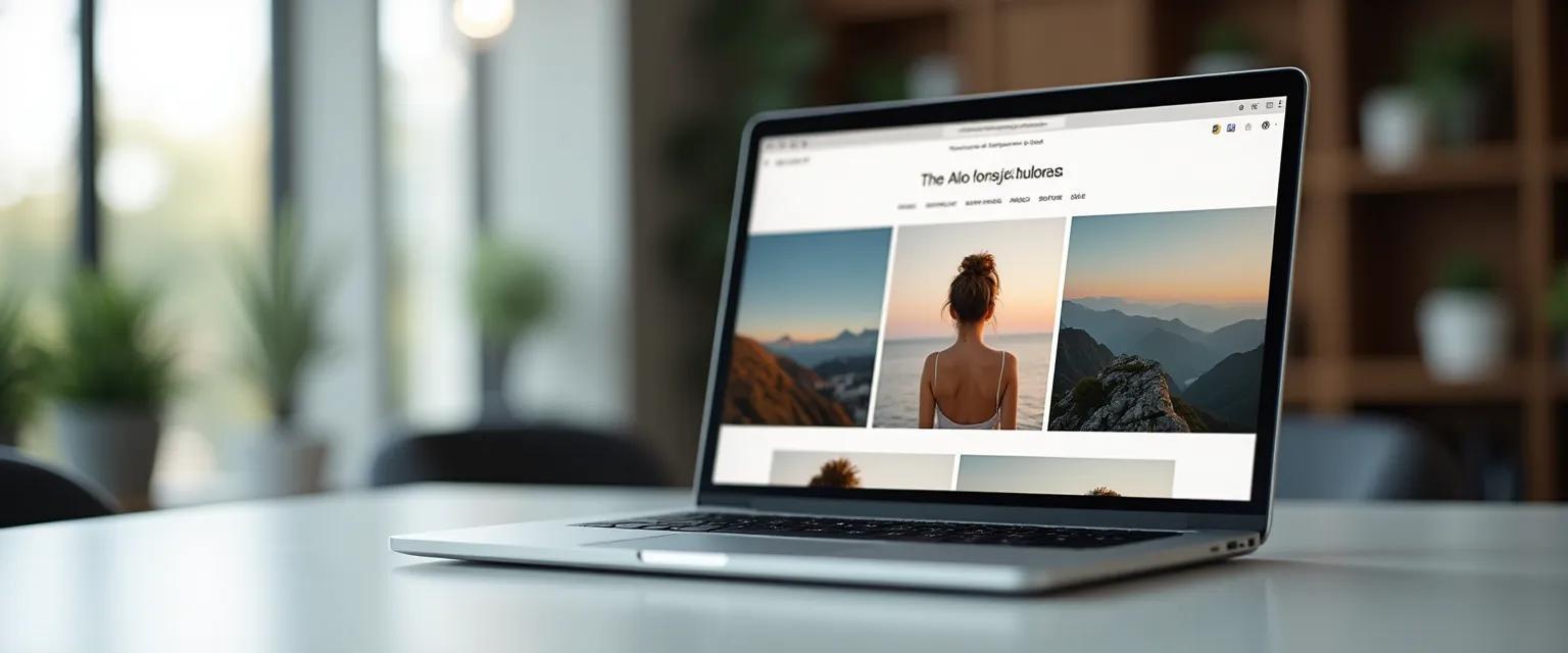 A laptop rests on a sleek desk, displaying a visually appealing photography portfolio website against a soft, blurred background.