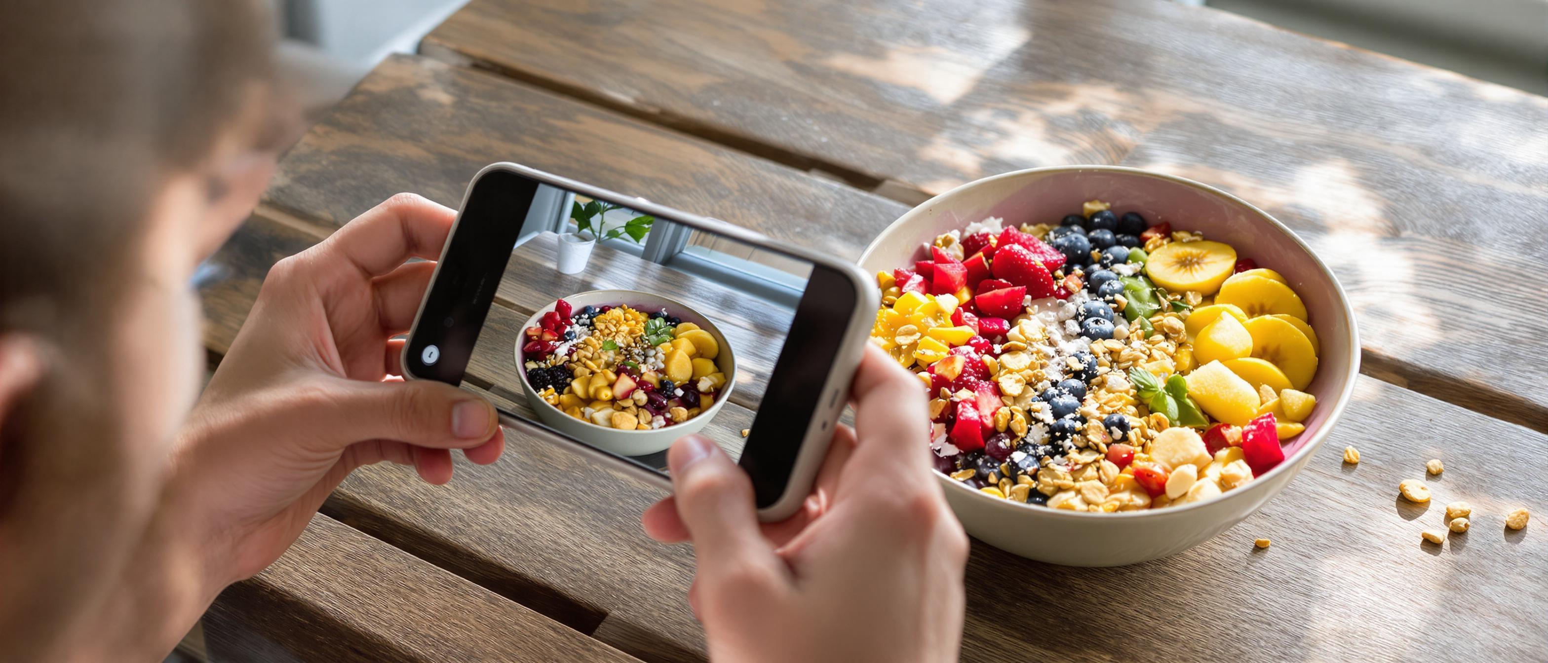 A vibrant smoothie bowl is captured by a smartphone in a naturally lit setting, showcasing the colorful ingredients and the moment of taking the photo.
