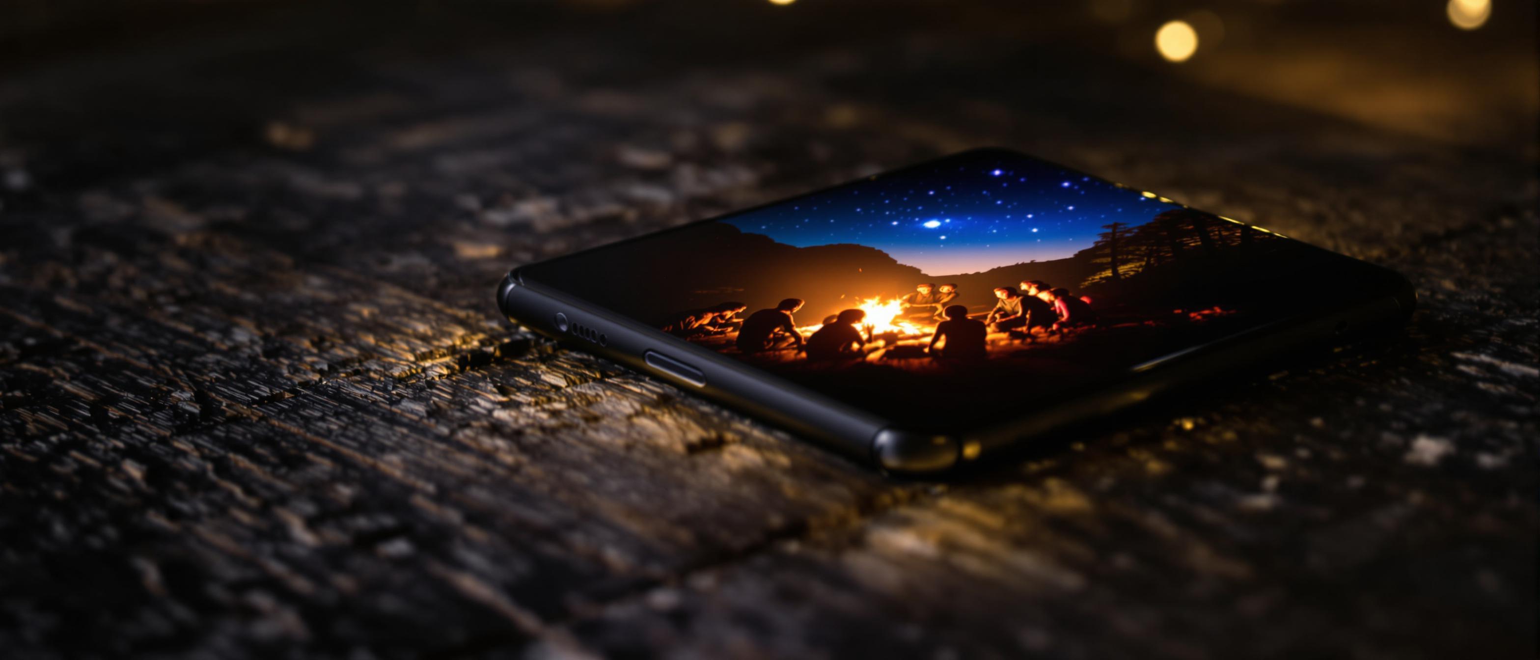 Close up photograph of a smartphone screen displaying a vibrant image intended to evoke a sense of community and shared experience.