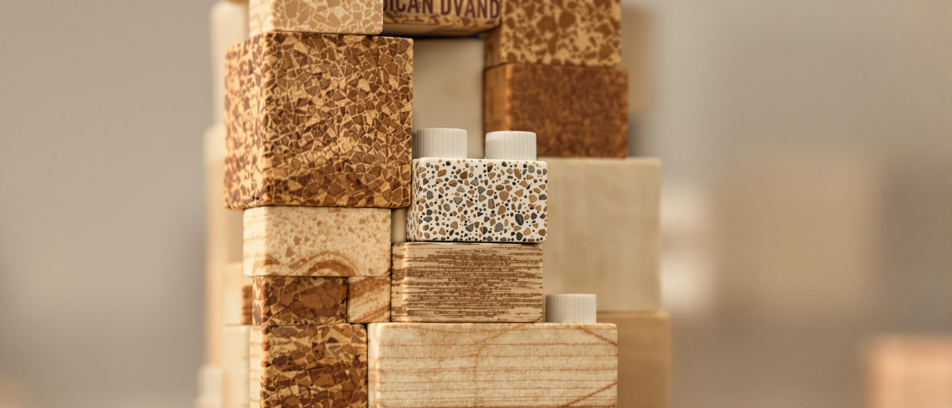 A close-up of colorful textured building blocks assembled into a unique structure with soft focus.