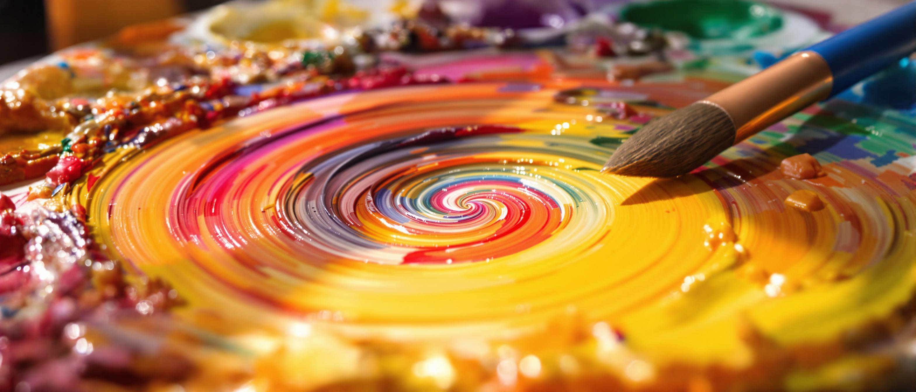 Close-up of a painter's palette with blended colors and resting brushes, bathed in warm light.
