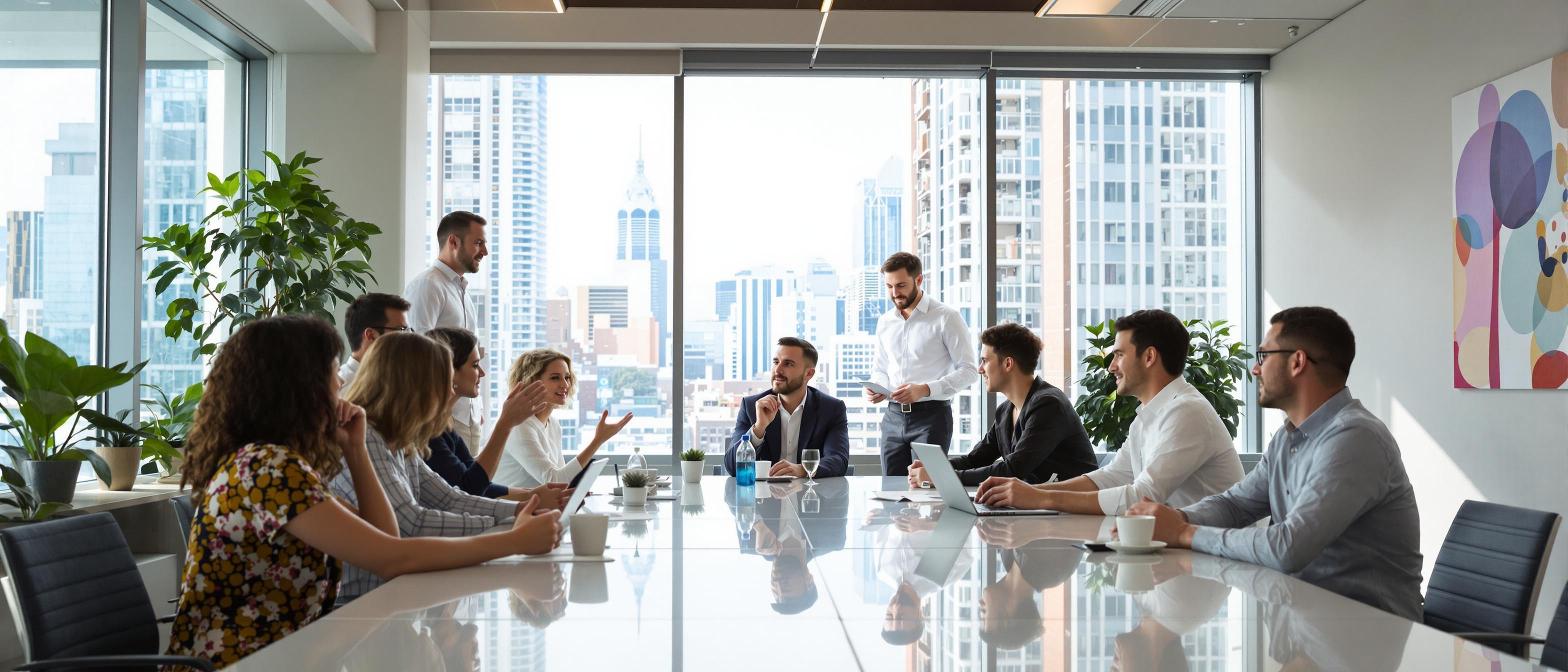 A diverse group of people engaged in a lively discussion around a table in a modern office setting.