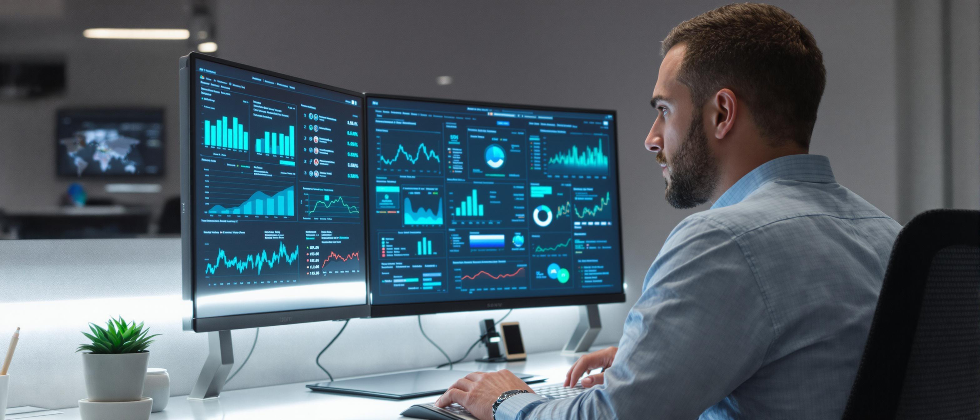 A person intensely studies data visualizations displayed on a high-resolution computer screen in a modern office setting.
