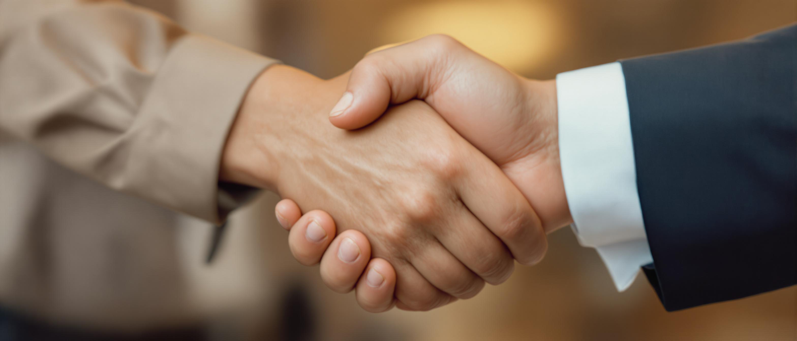Close-up of a firm handshake symbolizing a successful business deal with a blurred background.