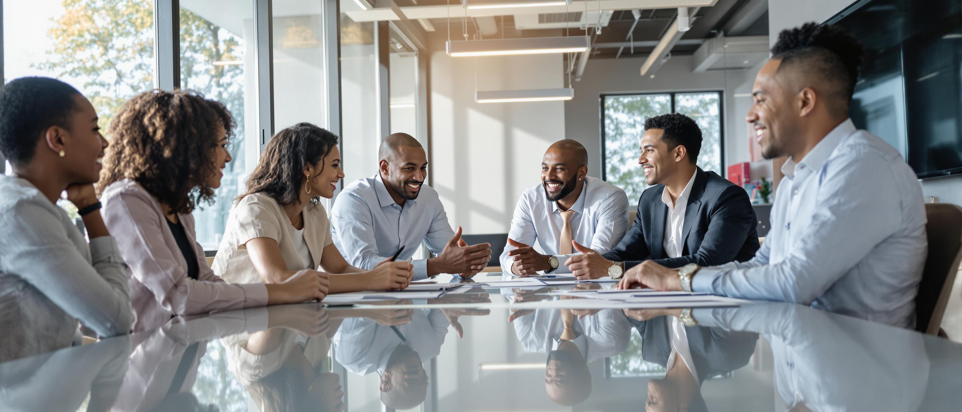 Diverse professionals collaborate on a business plan around a conference table in a modern office.