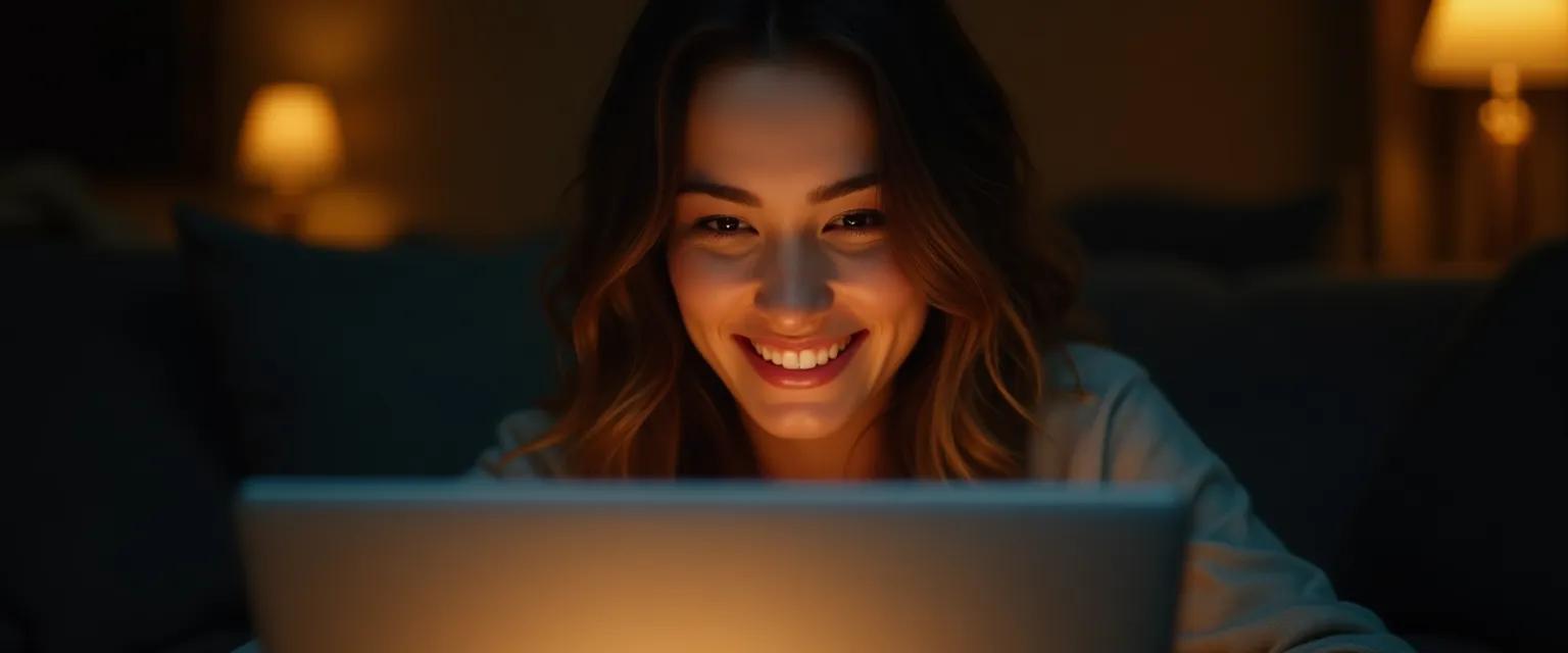 A person illuminated by a laptop screen smiles in soft, warm light, symbolizing discovery.