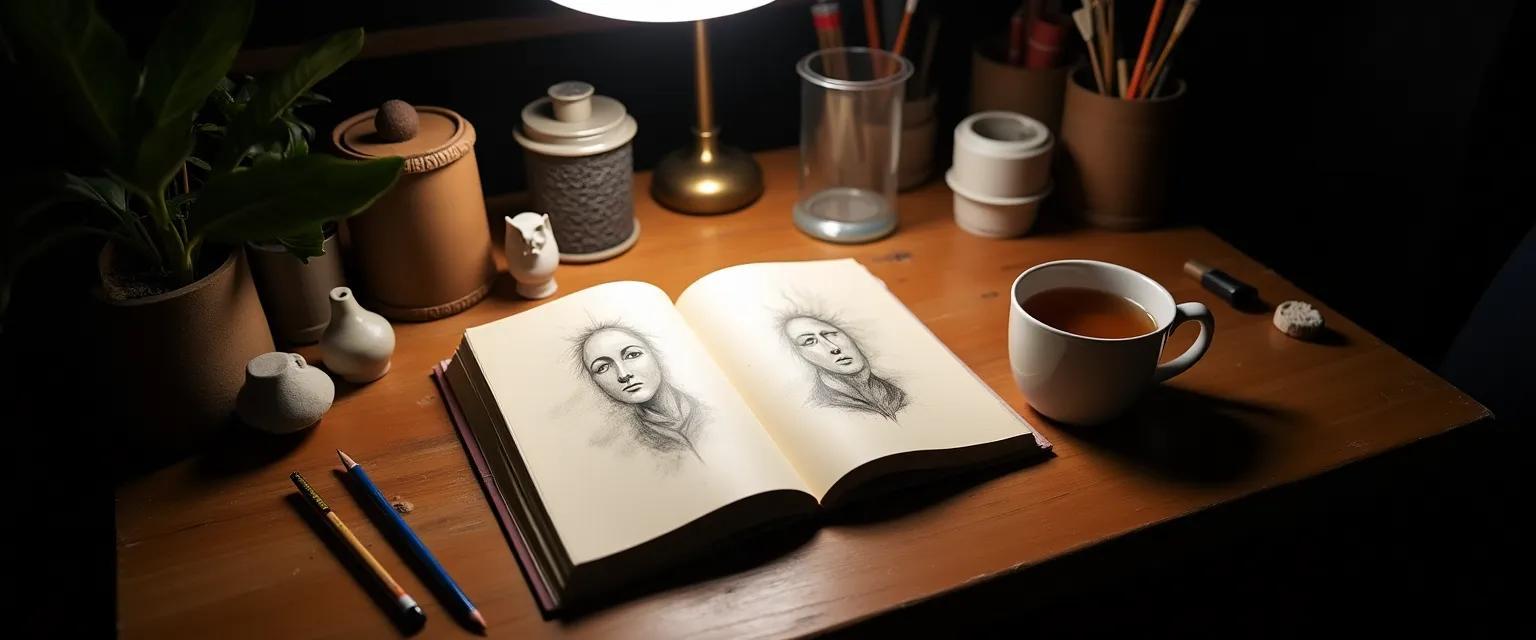 A desk scattered with creative tools, illuminated by a spotlight focused on a notebook, conveying a brainstorming atmosphere.