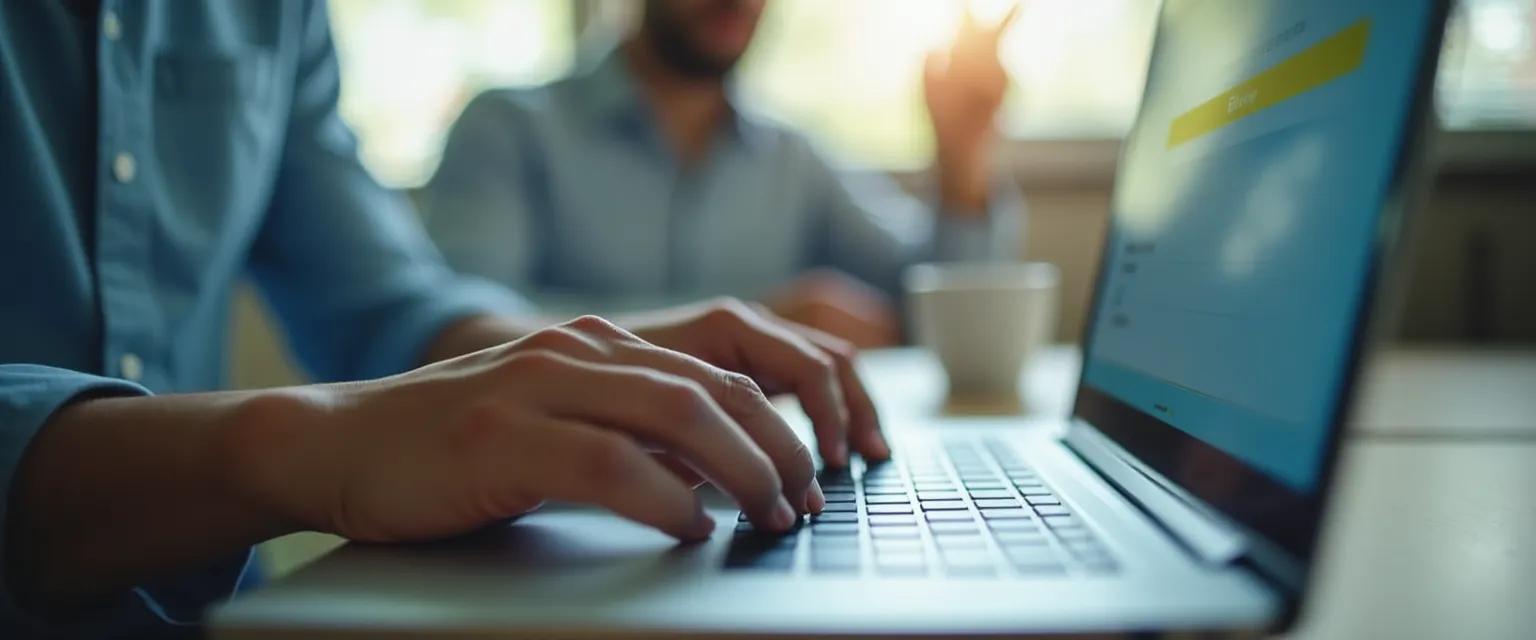 A close-up shot of a hand about to type on a laptop keyboard with a softly blurred background.
