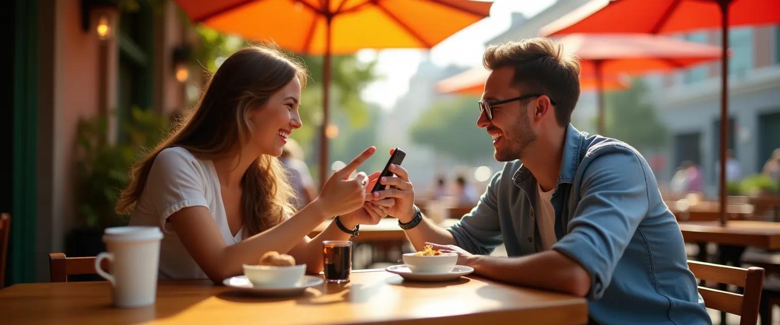 Two friends share a smile while looking at a phone screen in a sunlit outdoor cafe.