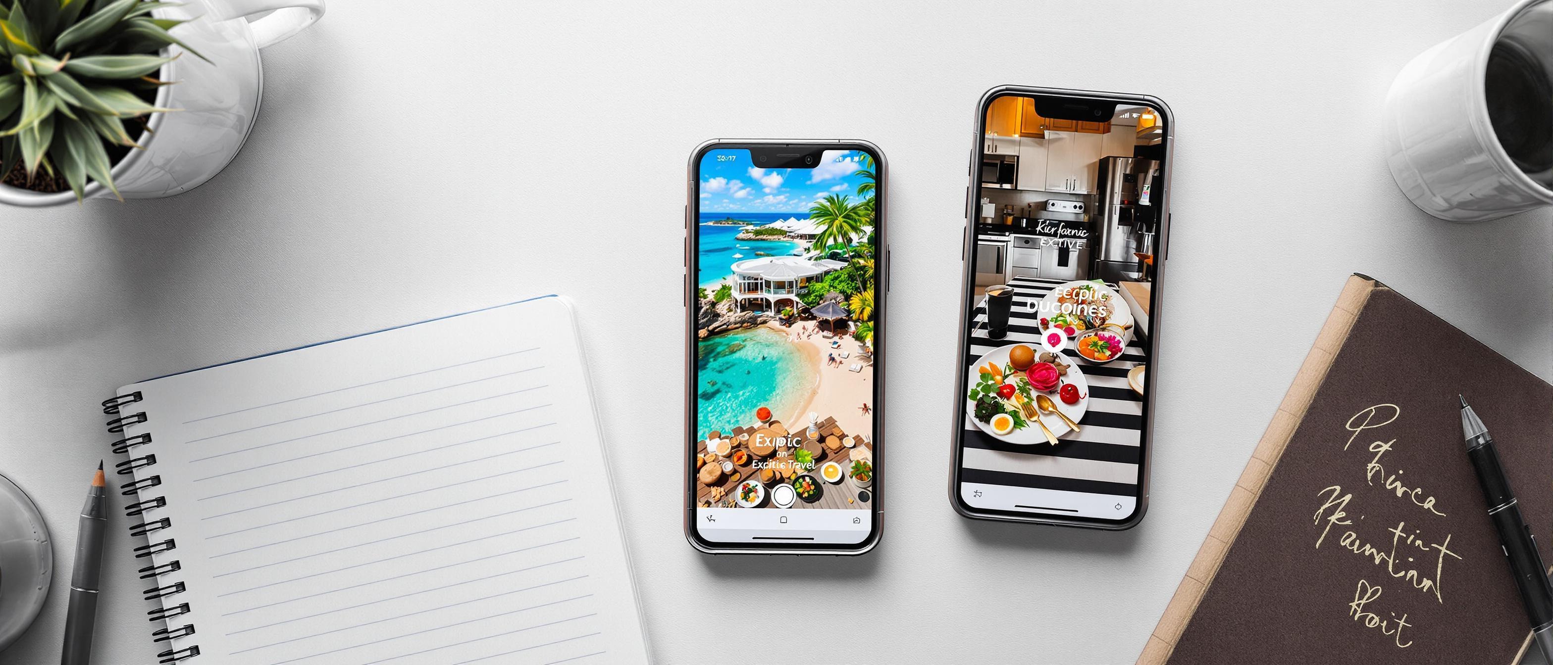 Overhead shot of three smartphones displaying influencer content on a desk with light scribbles on a notepad.