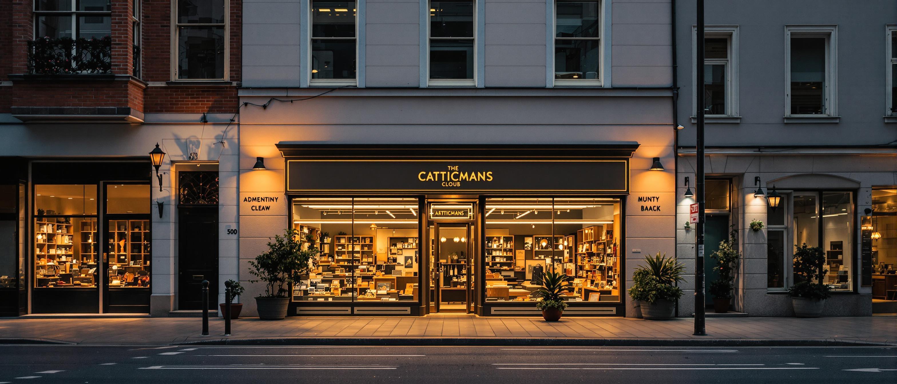 A vibrant storefront is brightly illuminated, contrasting with the shadowy buildings surrounding it.