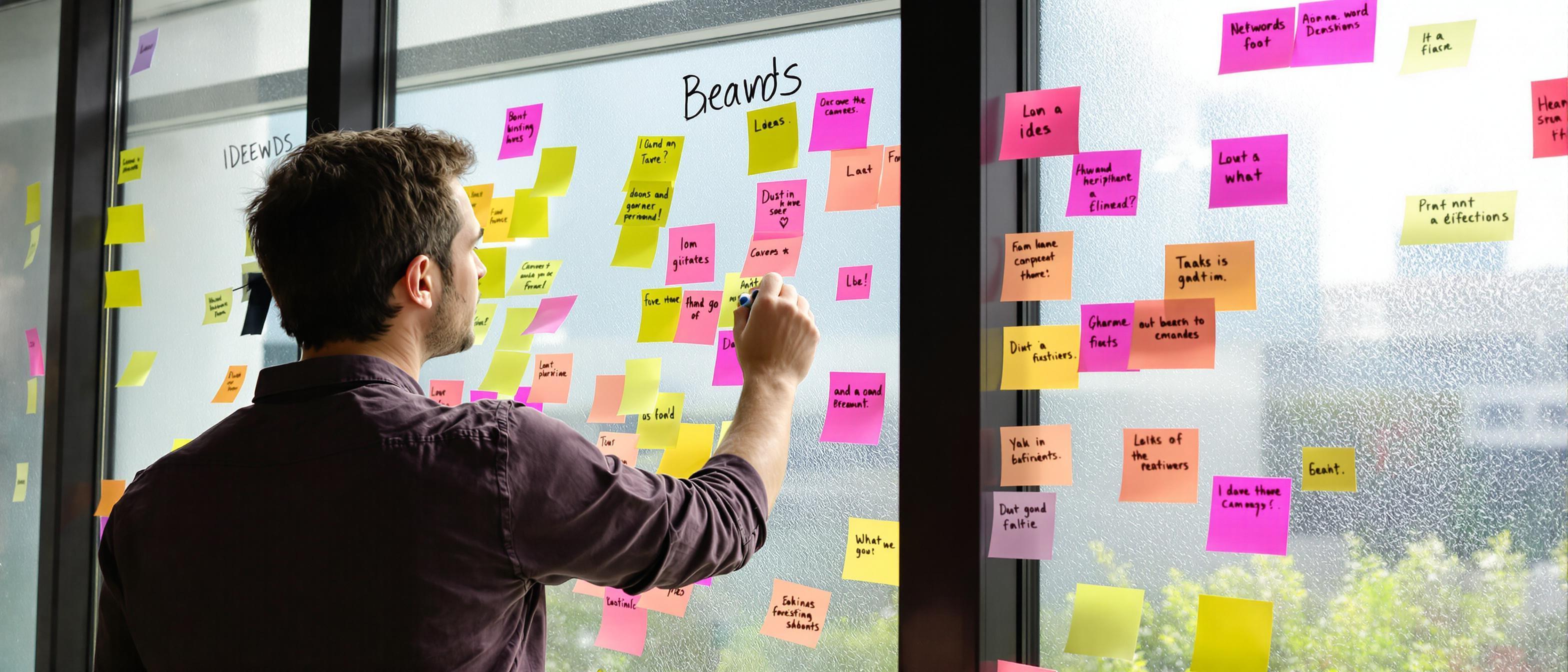 A person brainstorms ideas by writing on a window surrounded by colorful sticky notes.