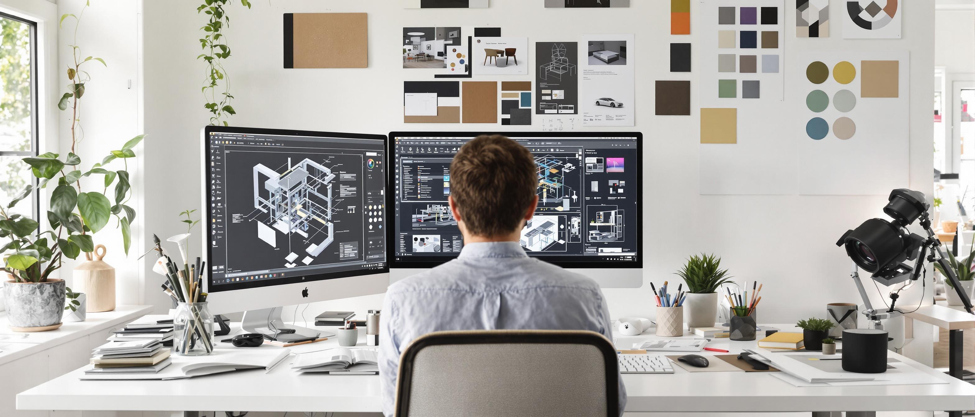 A person smiling while working on a detailed design project at a computer.