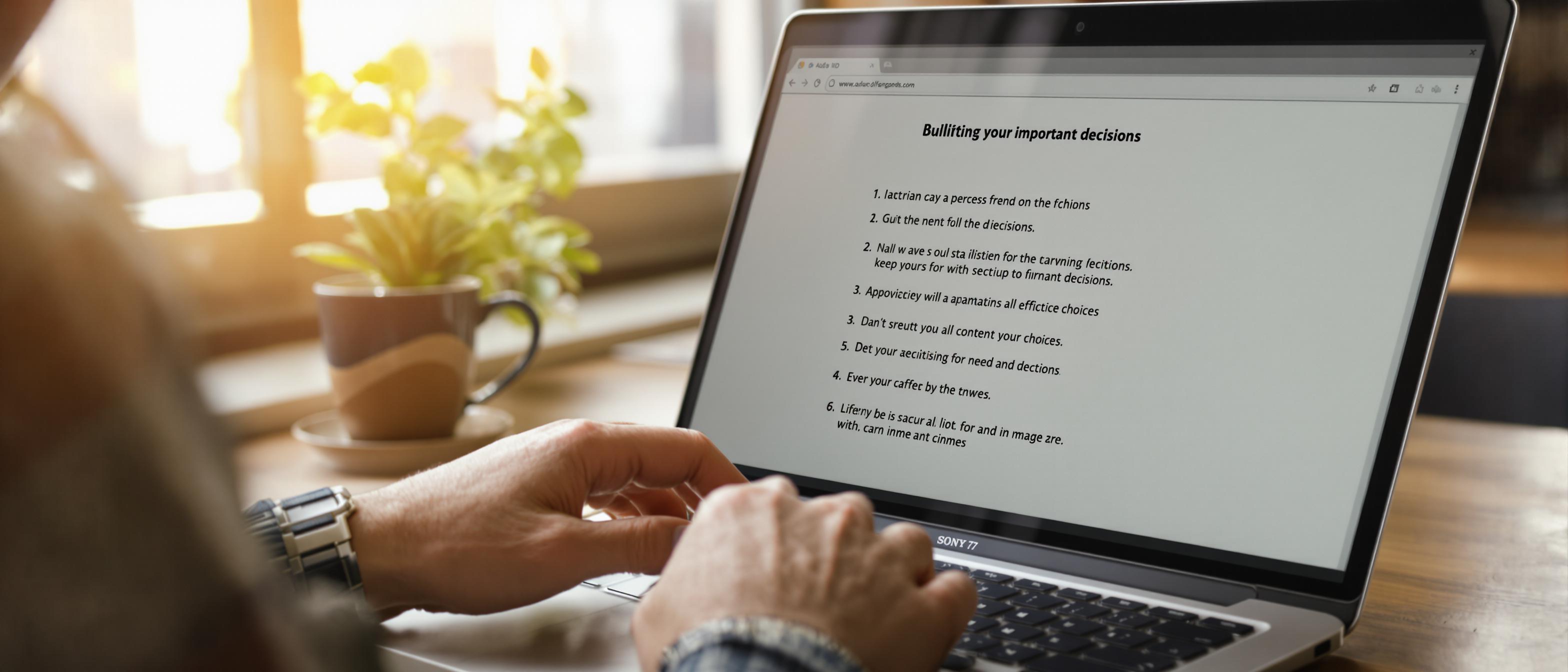 Close-up of hands typing on a laptop with a focused expression, in a warm and inviting setting.