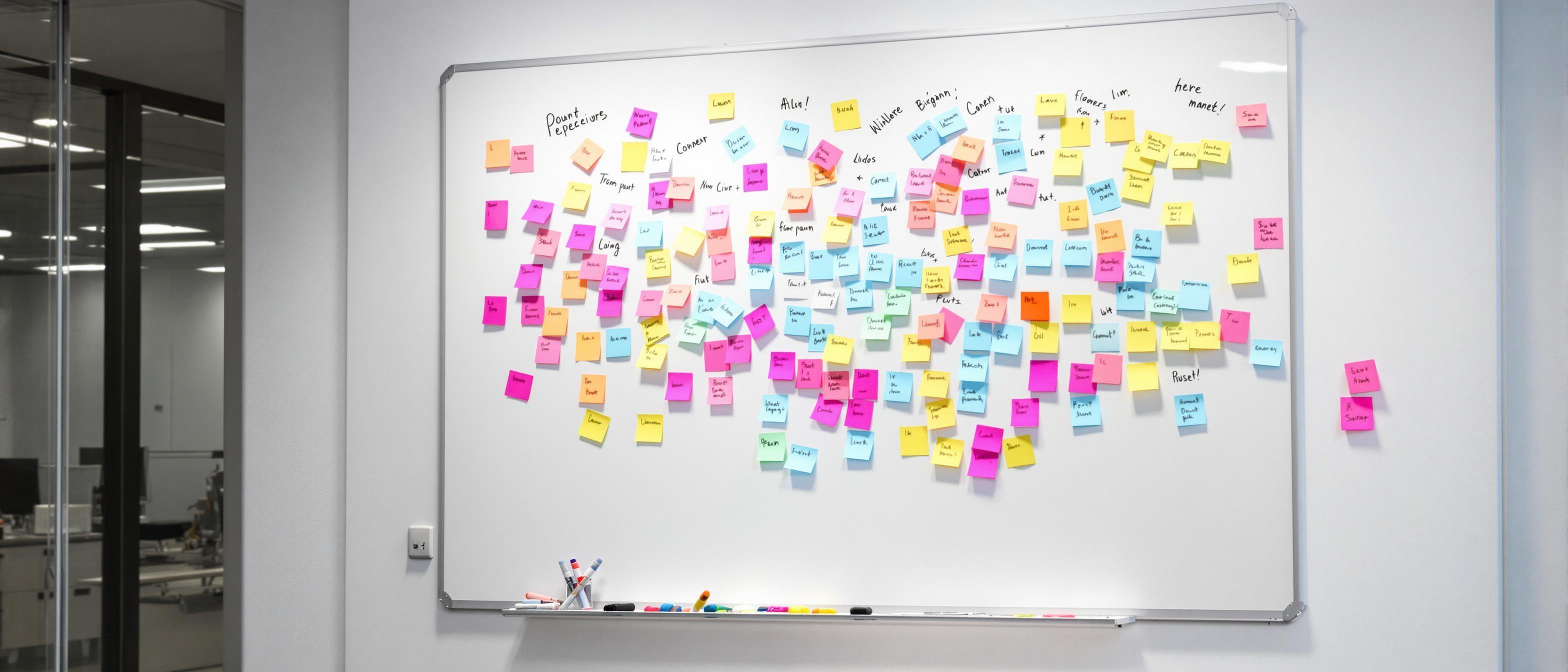 A brainstorming session is implied by scattered sticky notes and markers on a white board.