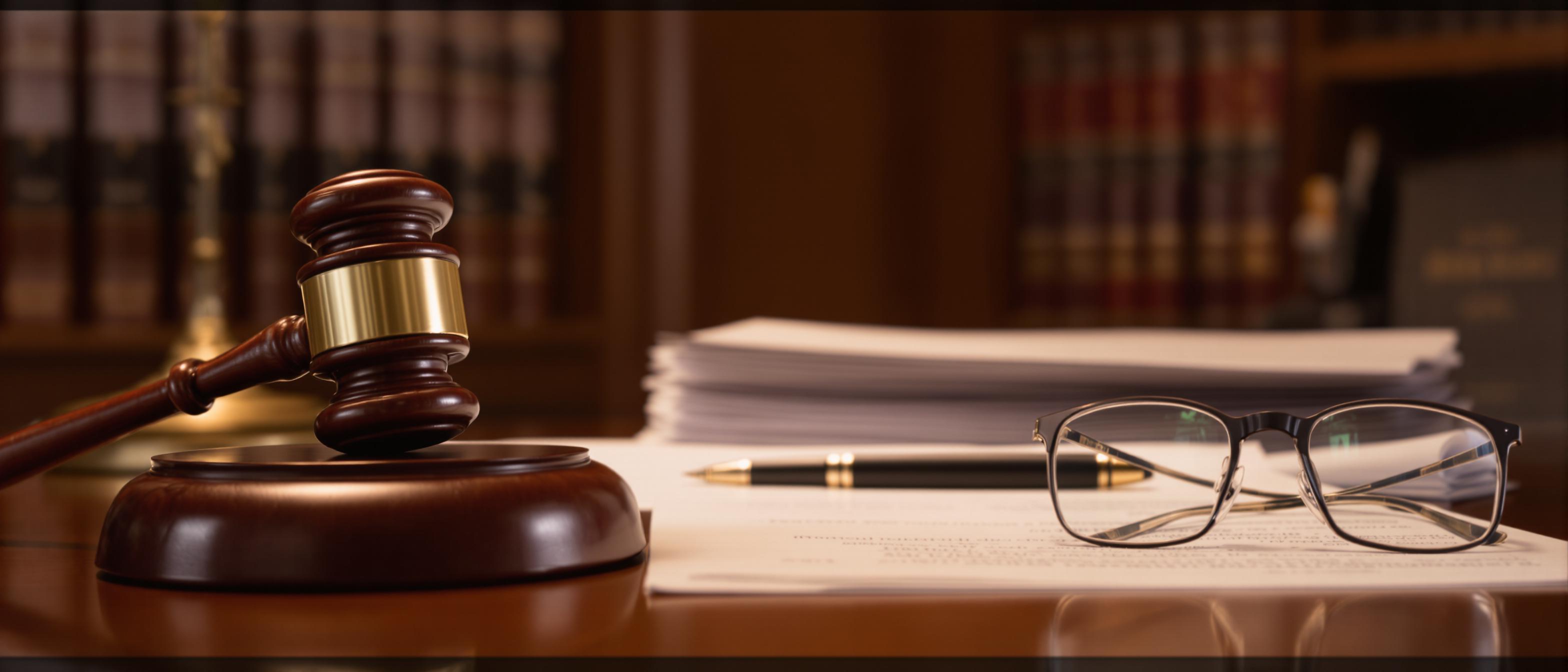 A gavel, glasses, and a pen resting on a stack of legal documents convey a serious legal setting.