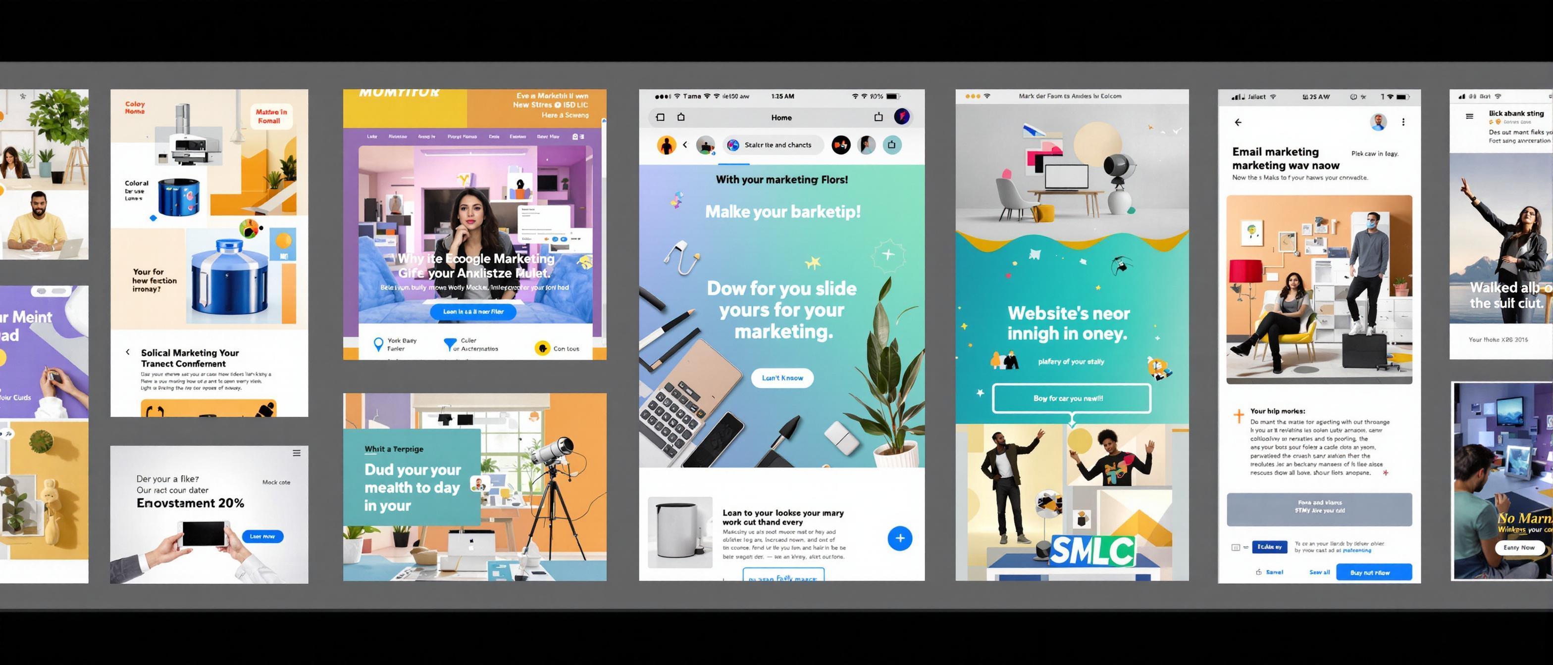 A collection of cohesive marketing visuals showcasing a unified brand identity across different platforms.