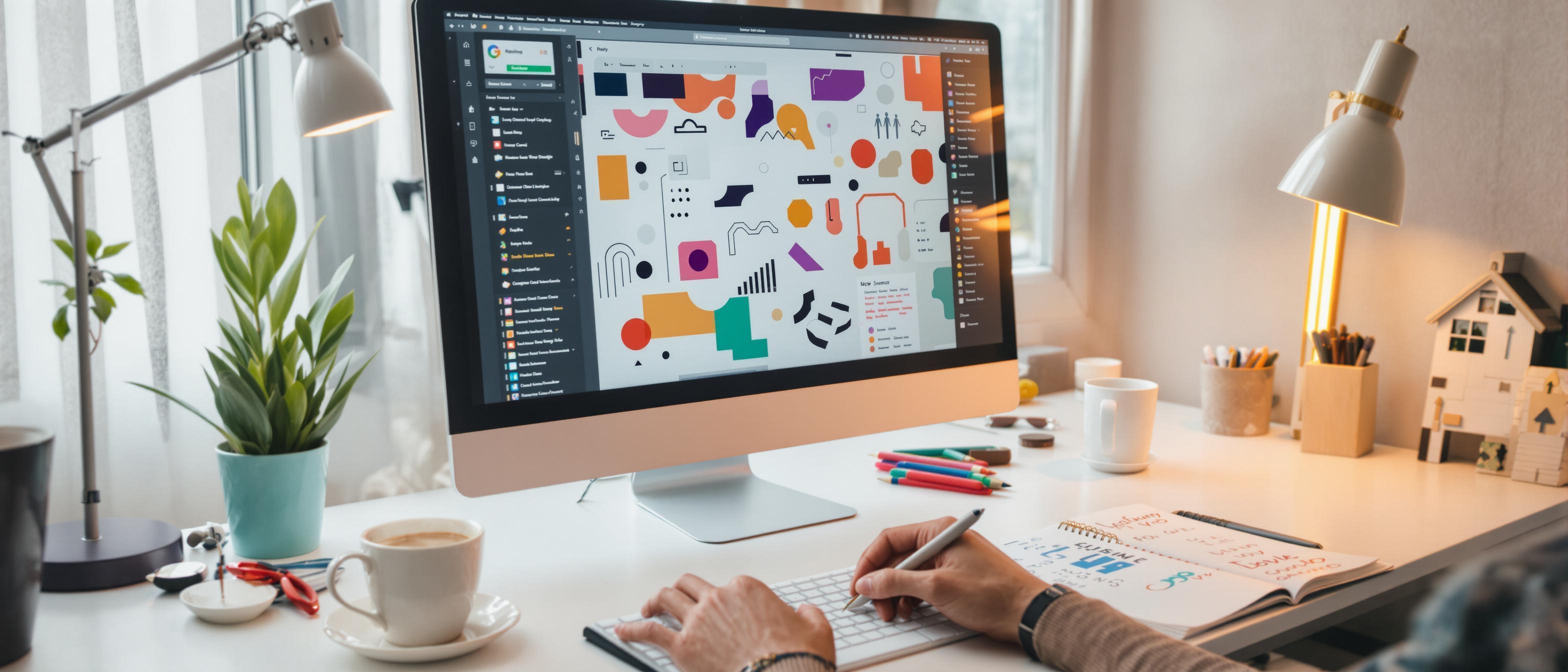 A graphic designer's workspace featuring a computer, coffee cup, and sketchpad, focusing on the creative environment without explicit logos.
