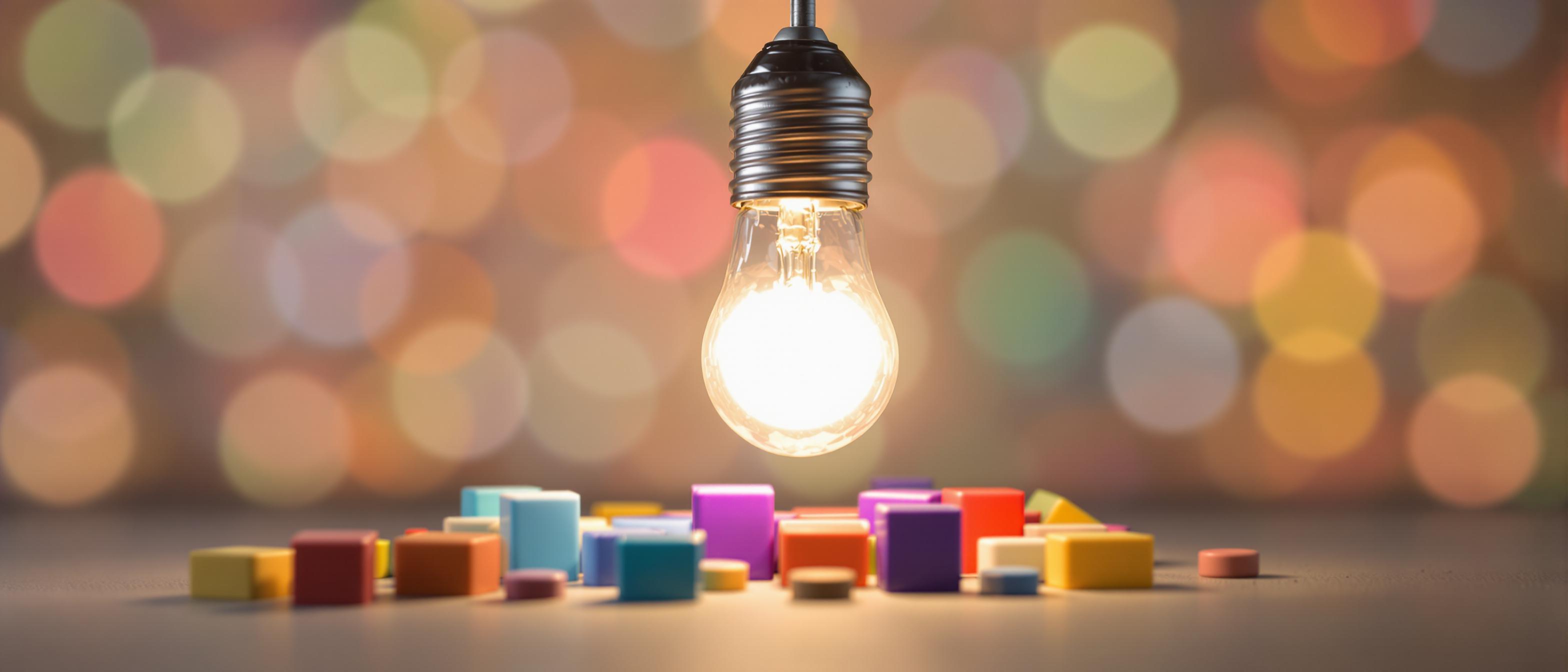 A glowing lightbulb hovers over a jumble of scattered blocks in a soft, dreamy setting.
