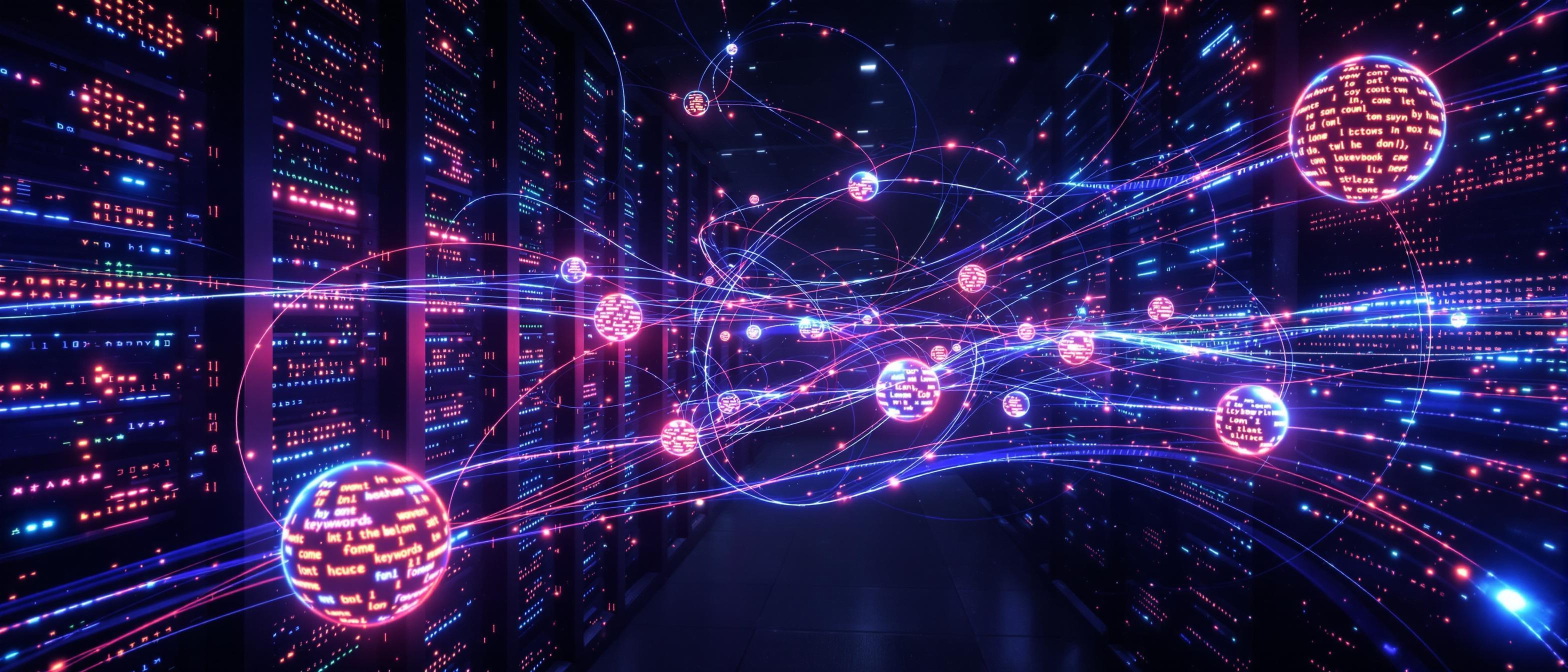 Abstract representation of a computer algorithm processing colorful keywords in a dynamic swirl of code.