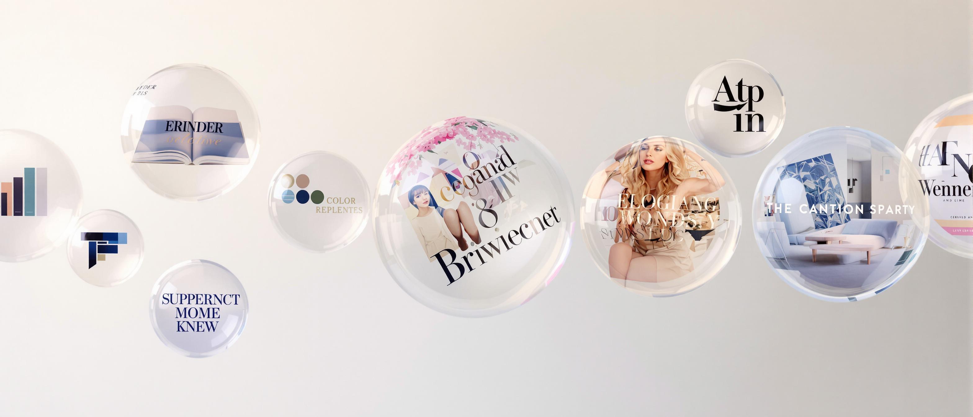 Interconnected spheres displaying brand elements like color palettes and typography, creating a unified visual.