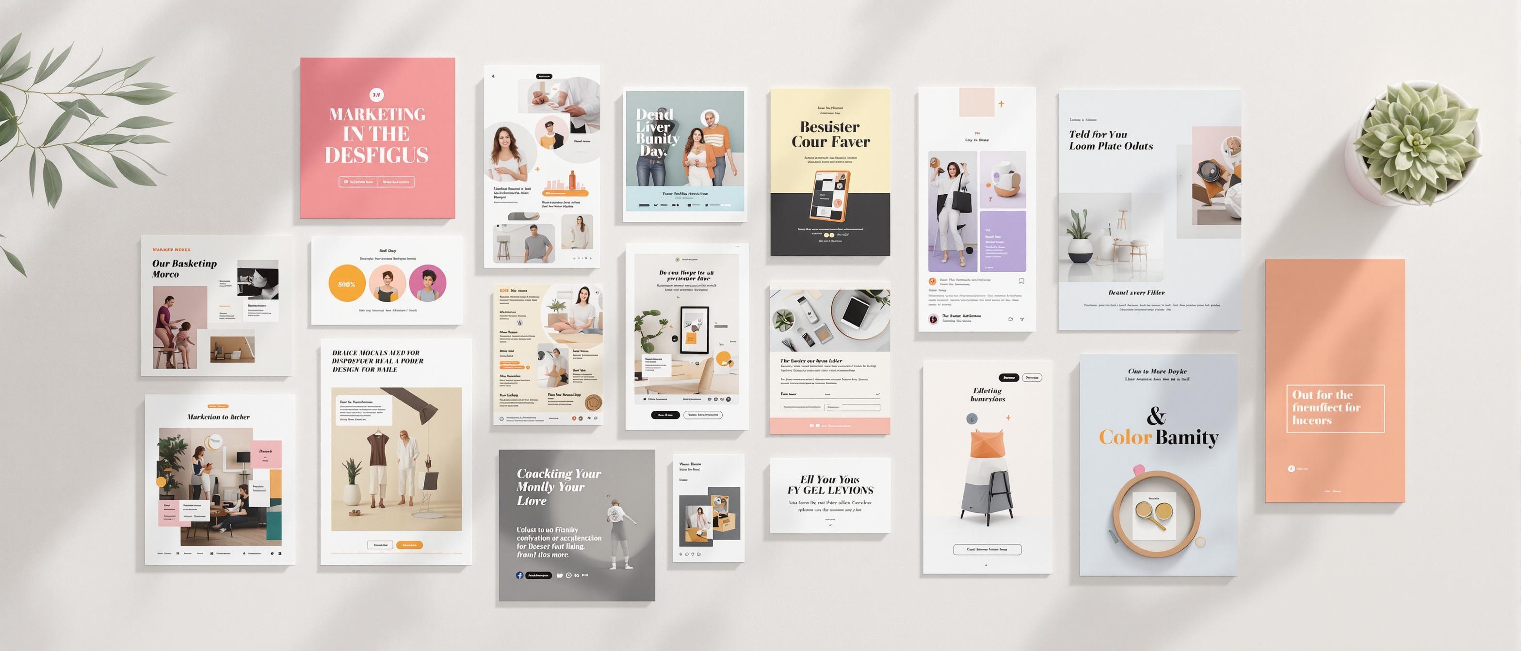 A vibrant collection of marketing visuals demonstrates brand consistency across various platforms using complementary color schemes.