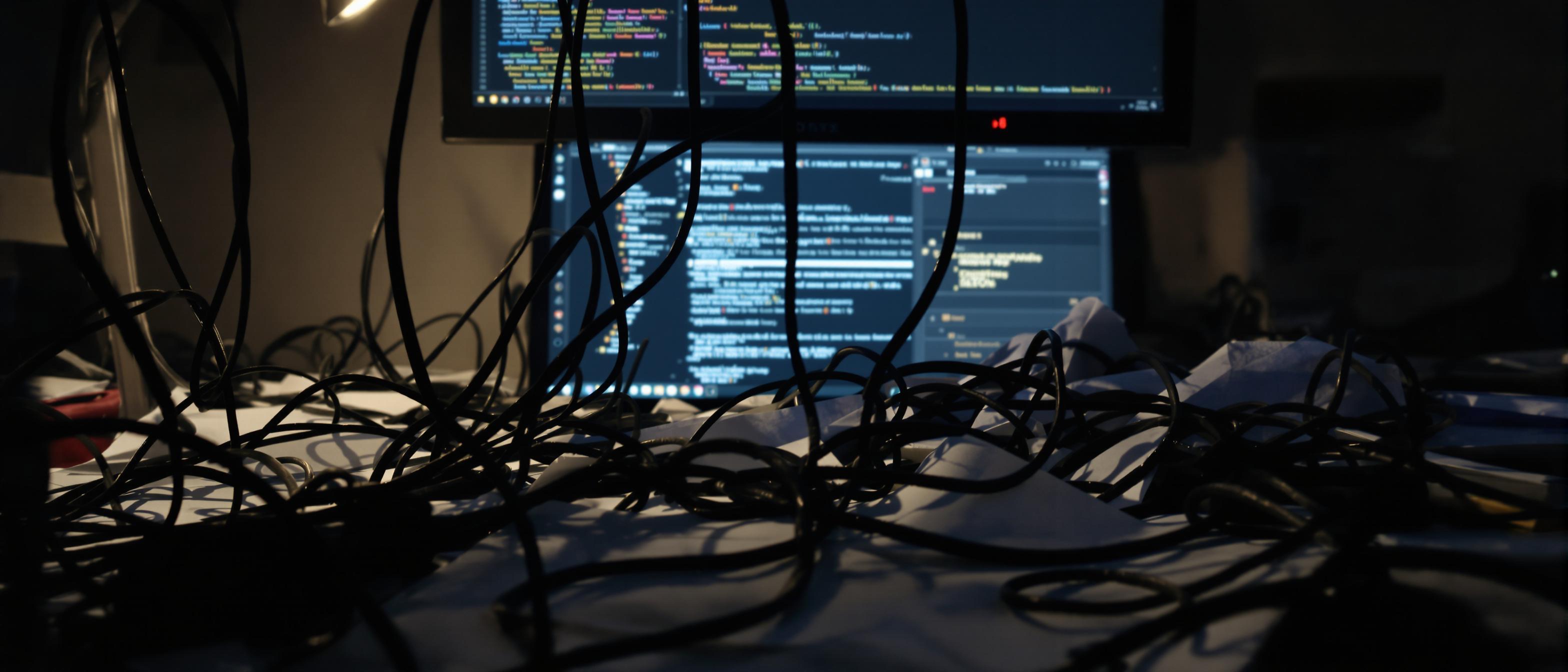 A cluttered desk scene evokes frustration with tangled wires and overflowing papers under dim lighting.