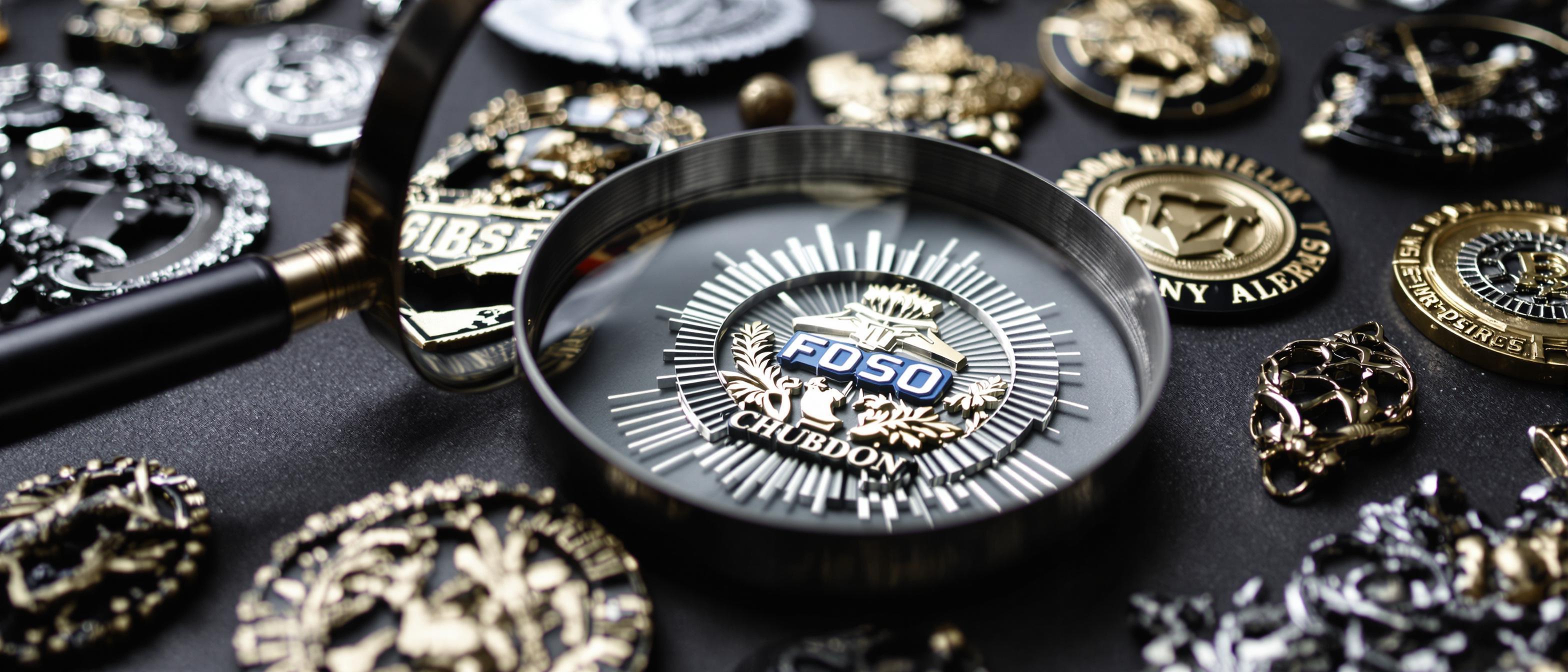 A macro photograph of various intricately designed metallic badges under bright, focused studio lighting, suggesting a careful selection process.