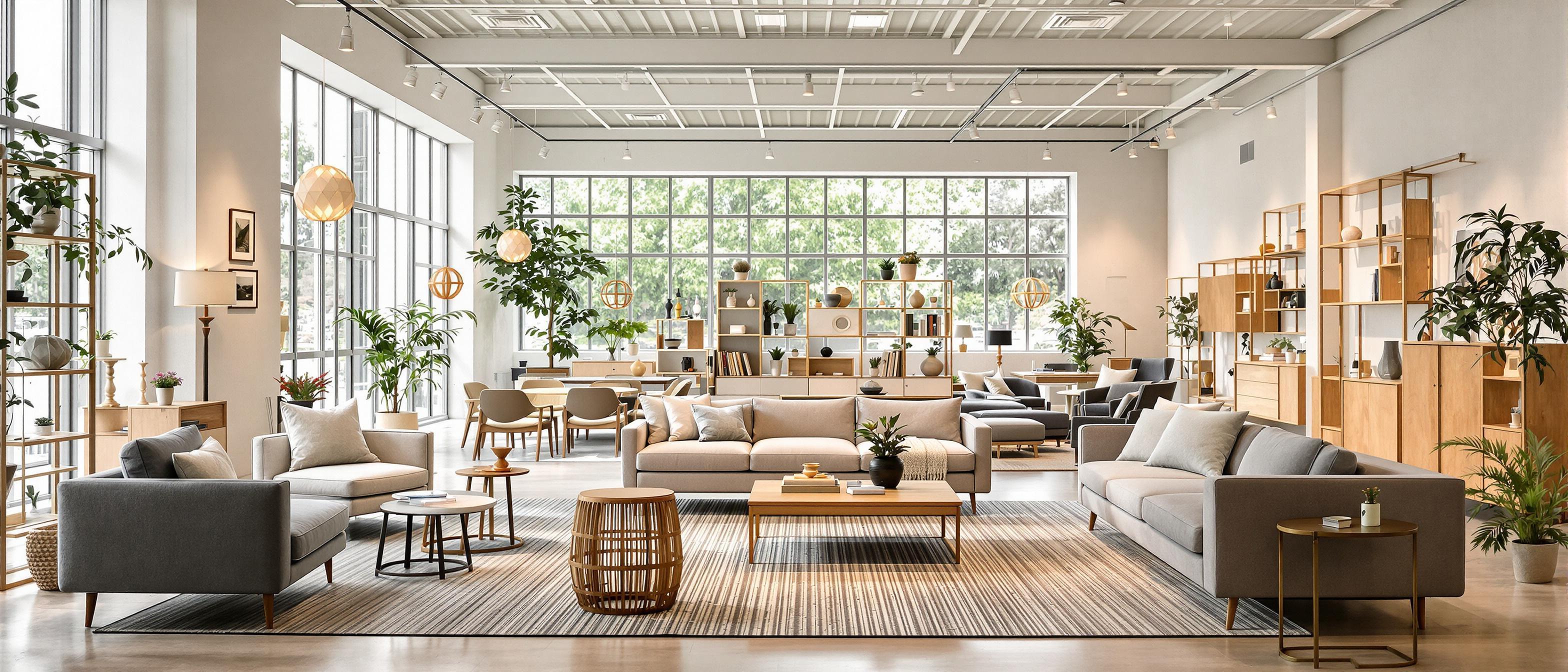A collection of various modern furniture pieces artfully arranged in a brightly lit showroom to showcase diverse styles.