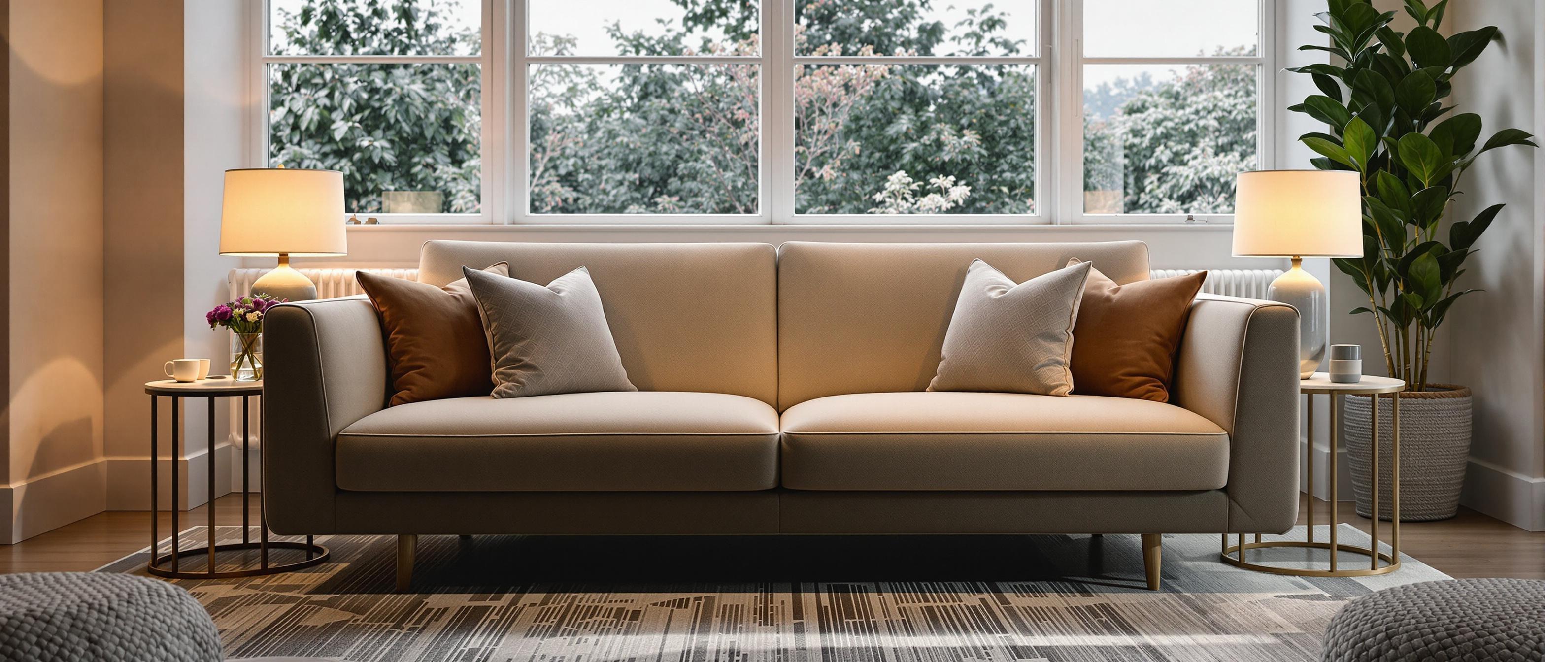 A tastefully staged living room featuring a modern sofa with ambient lighting, presented in a style suitable for a furniture advertisement.