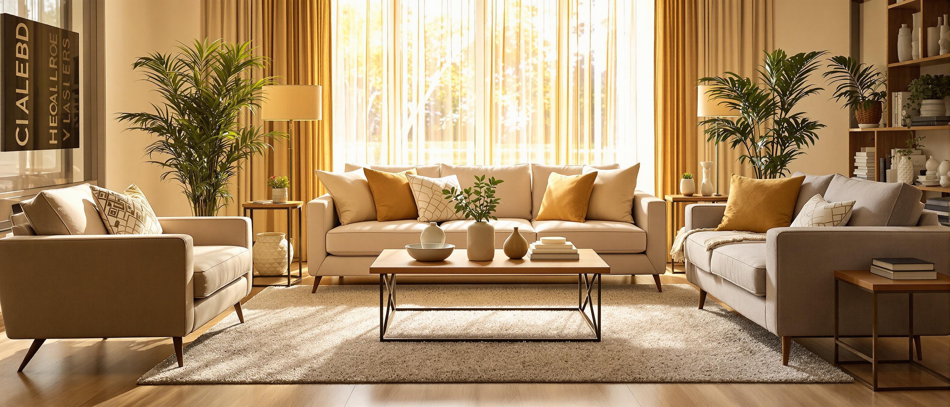 A staged living room in a furniture store bathed in soft natural light to create an inviting atmosphere.