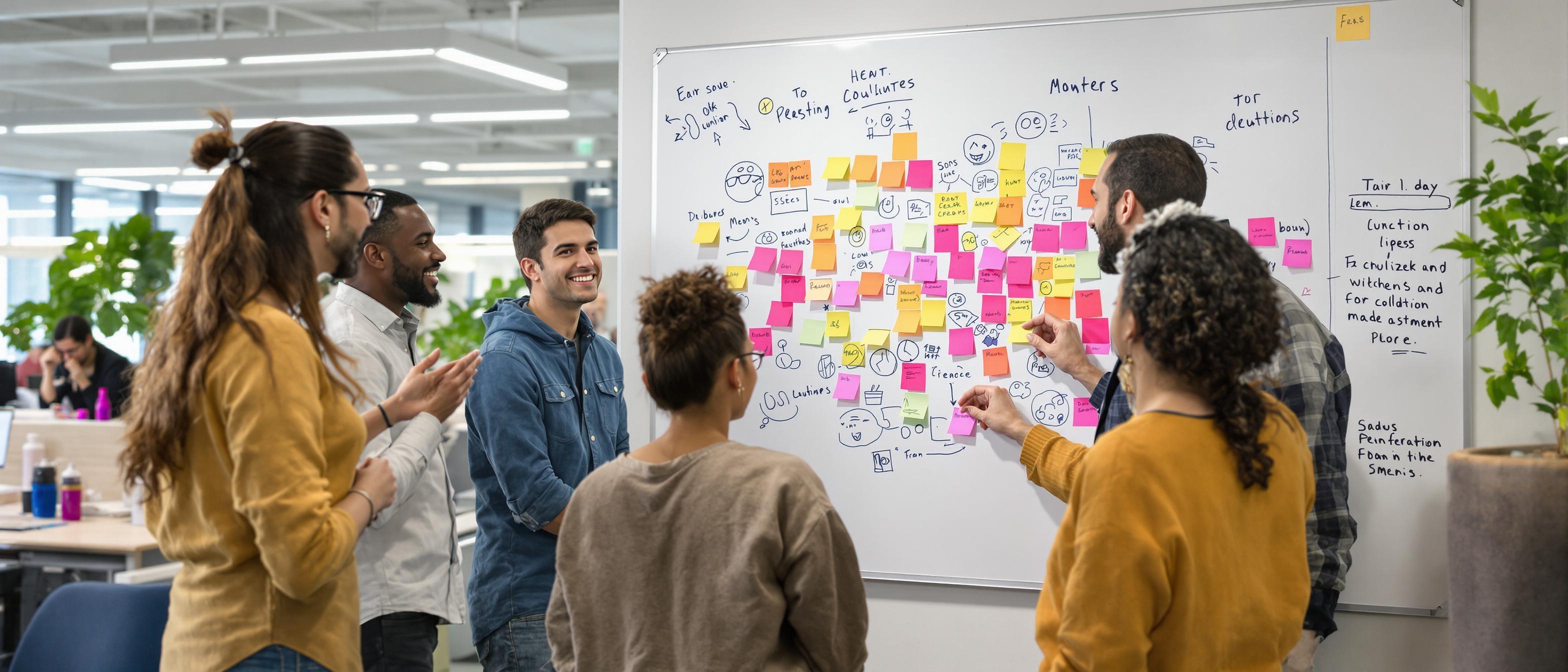 A diverse group of professionals brainstorming together in a modern, well-lit office space, using sticky notes to develop ideas.