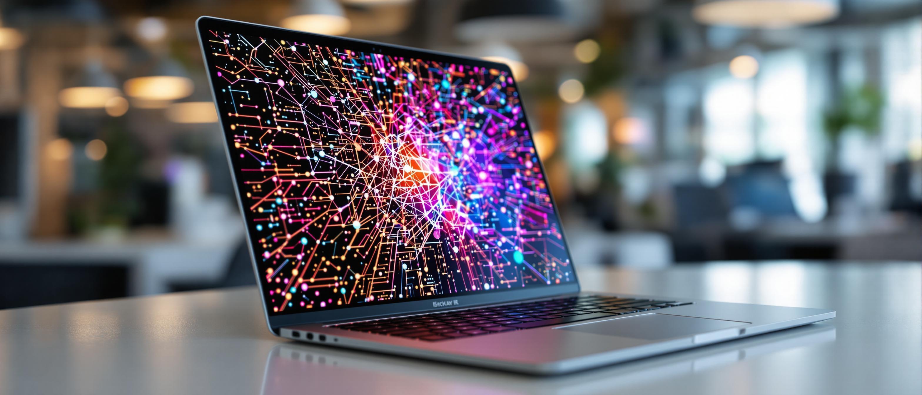 A close-up shot of a sleek laptop on a modern desk displaying a vibrant, abstract geometric pattern on its screen, resembling interconnected networks or data streams.