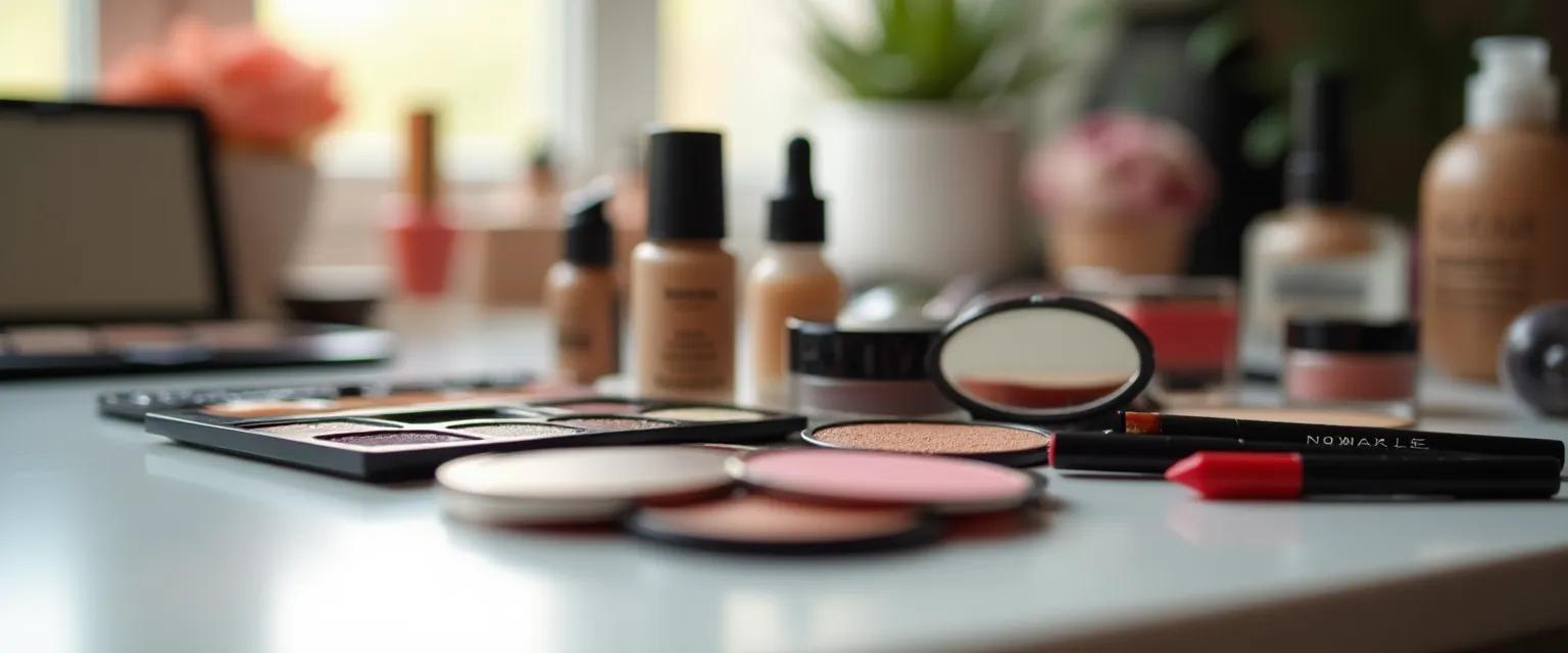 Close-up of neatly arranged makeup products on a vanity, highlighted by soft, natural light.