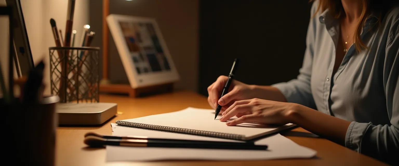 A person thoughtfully gazes at a notebook surrounded by makeup brushes on a desk, bathed in warm light to evoke creativity.