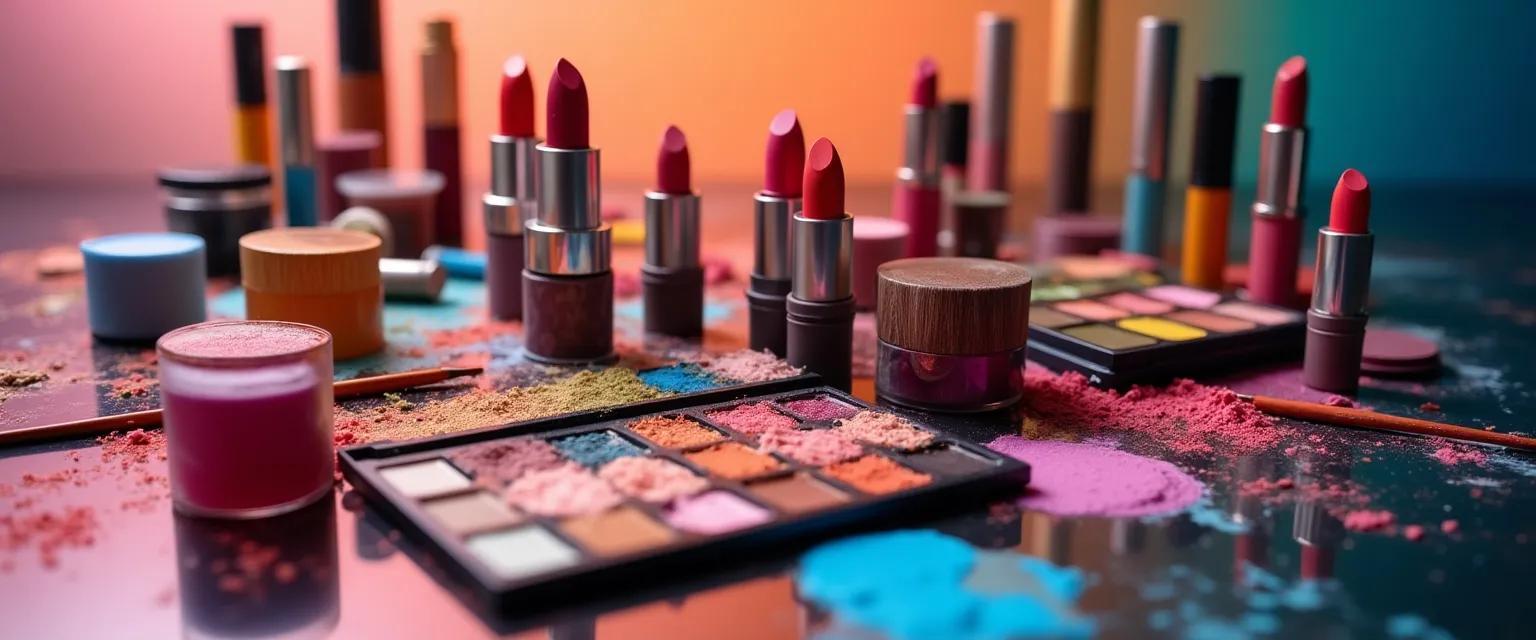 A vibrant array of makeup products creatively arranged to showcase the artistry and diversity of cosmetics.