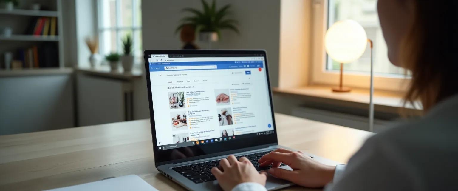 A person works on a laptop, researching domain names and social media handles in a bright and professional setting.