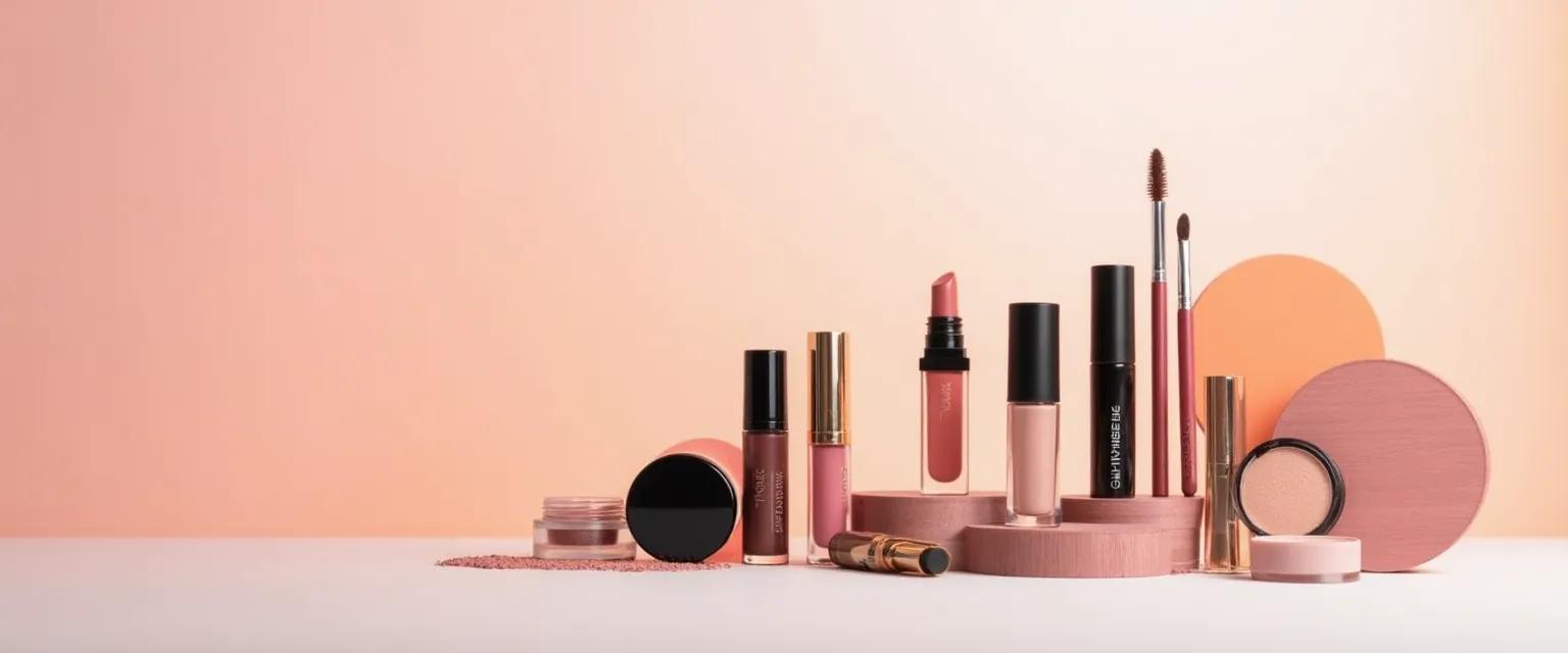 A curated selection of makeup products displayed on a minimalist set, highlighting color palettes and textures.