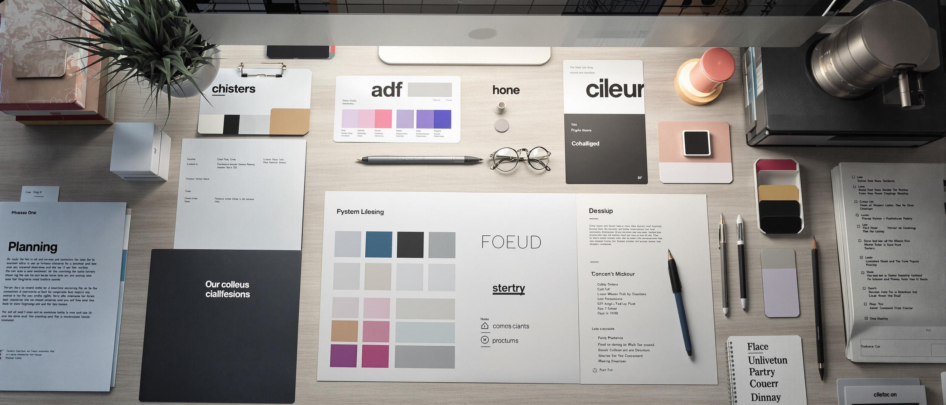 Overhead shot of a neatly arranged desk featuring design elements like color swatches and font samples showcasing a brand's visual planning.