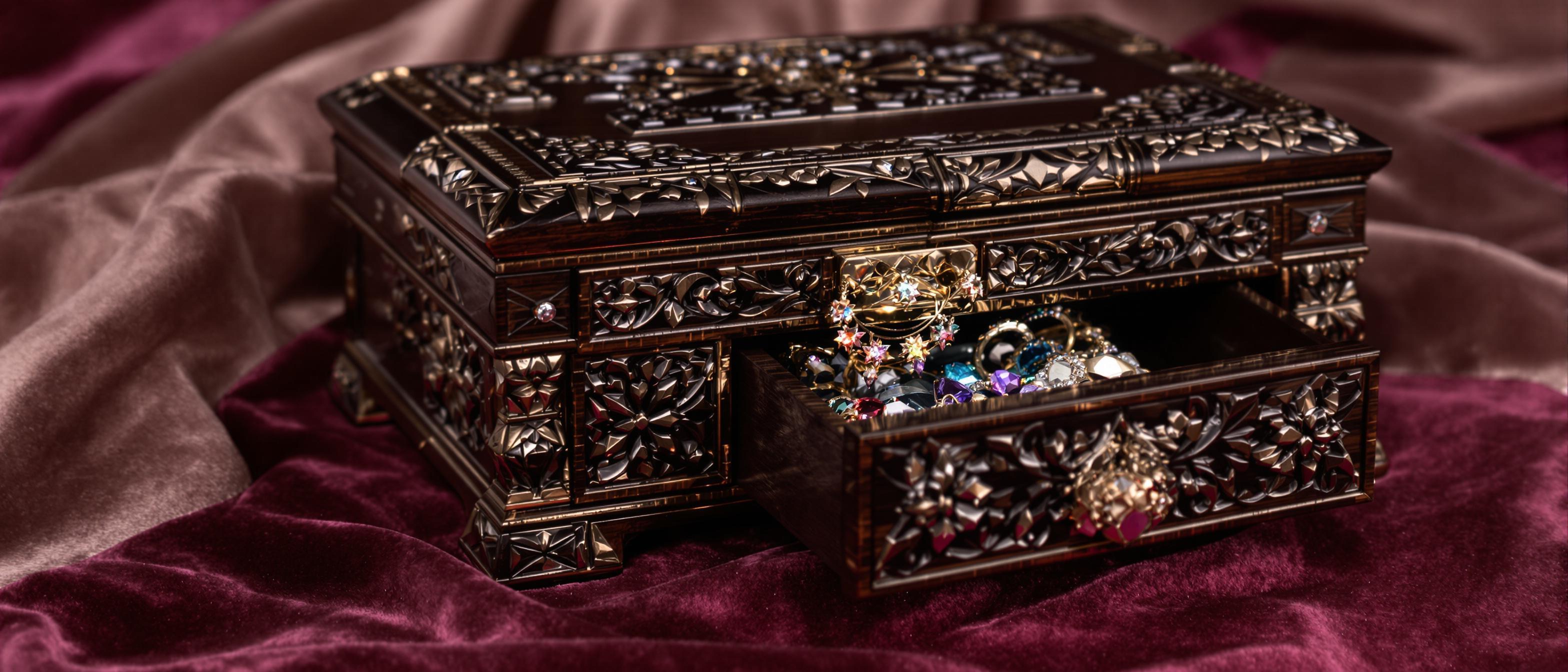 Close-up of an ornate, slightly open jewelry box revealing sparkling contents.