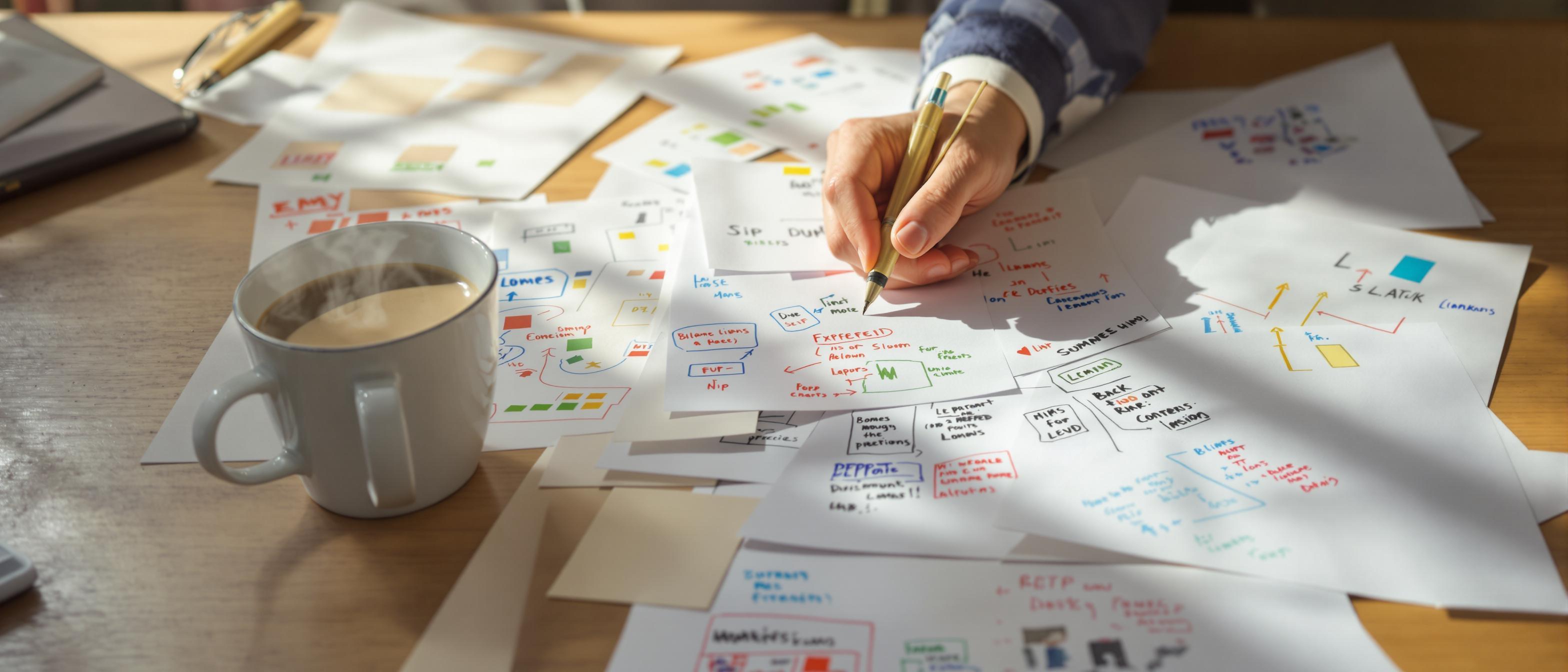 A hand holds a pen above scattered papers with colorful notes and a coffee cup on a wooden desk.