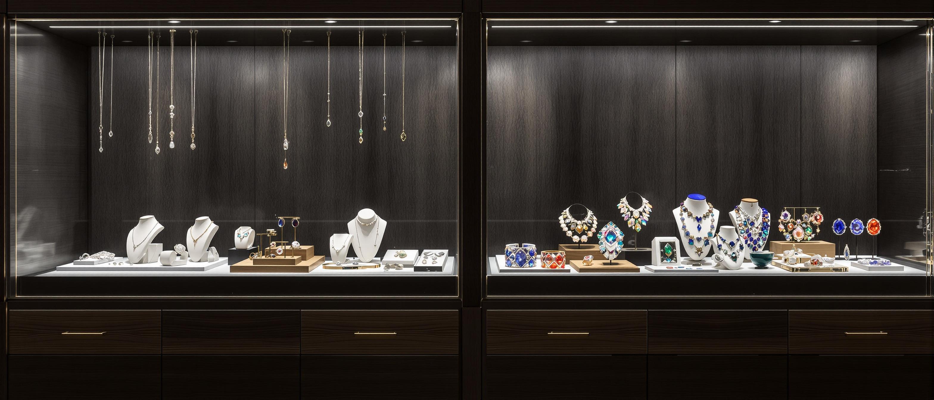 Two elegant jewelry displays side-by-side showcasing silver and gemstone jewelry.