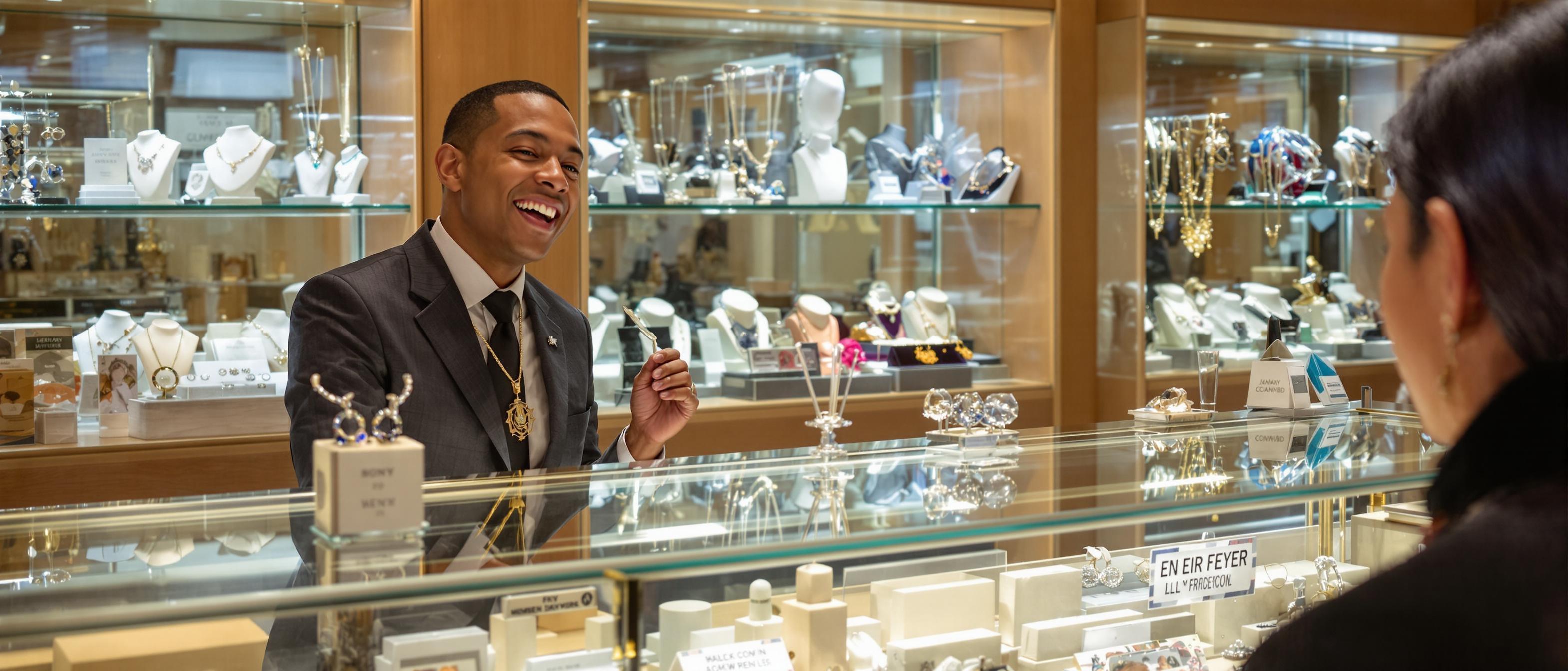 A jewelry vendor and a customer smiling warmly while engaged in conversation at a jewelry store.
