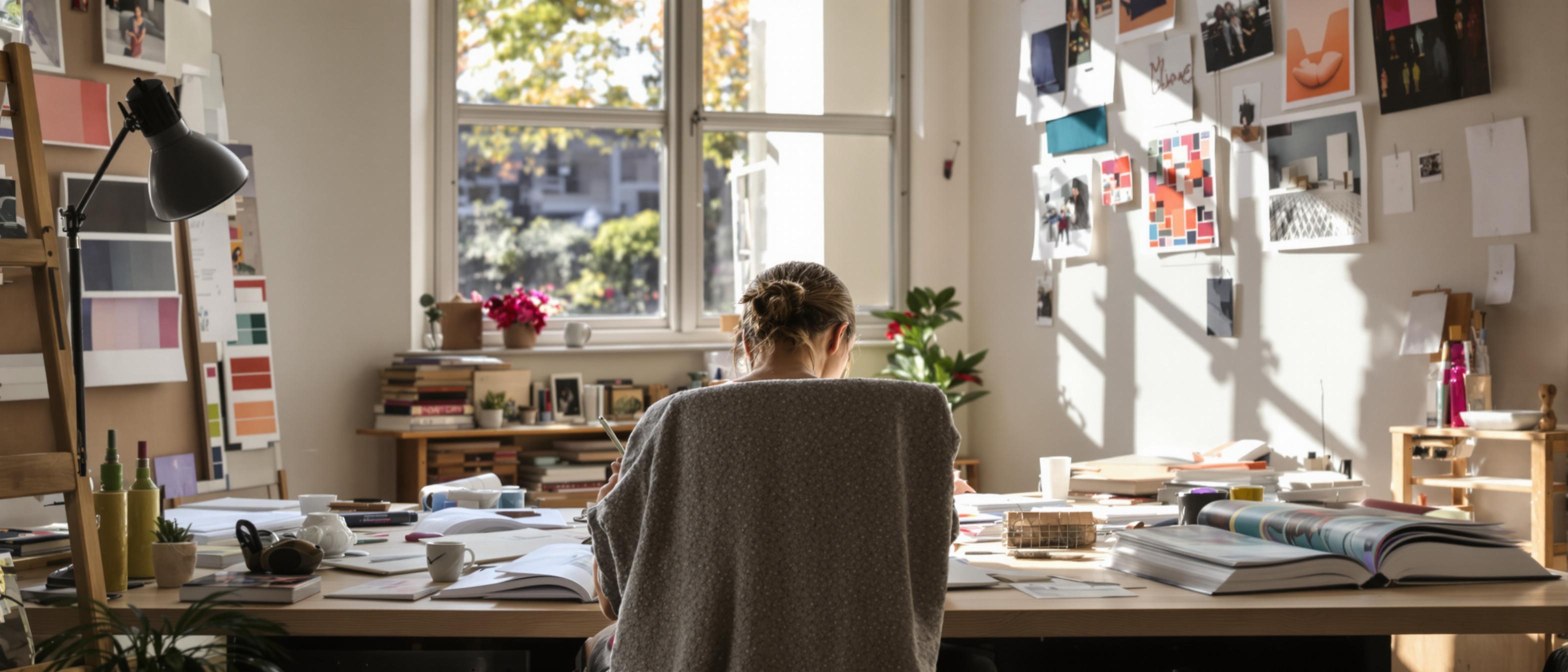 A person is deeply engrossed in sketching and ideation at a desk filled with design inspiration.